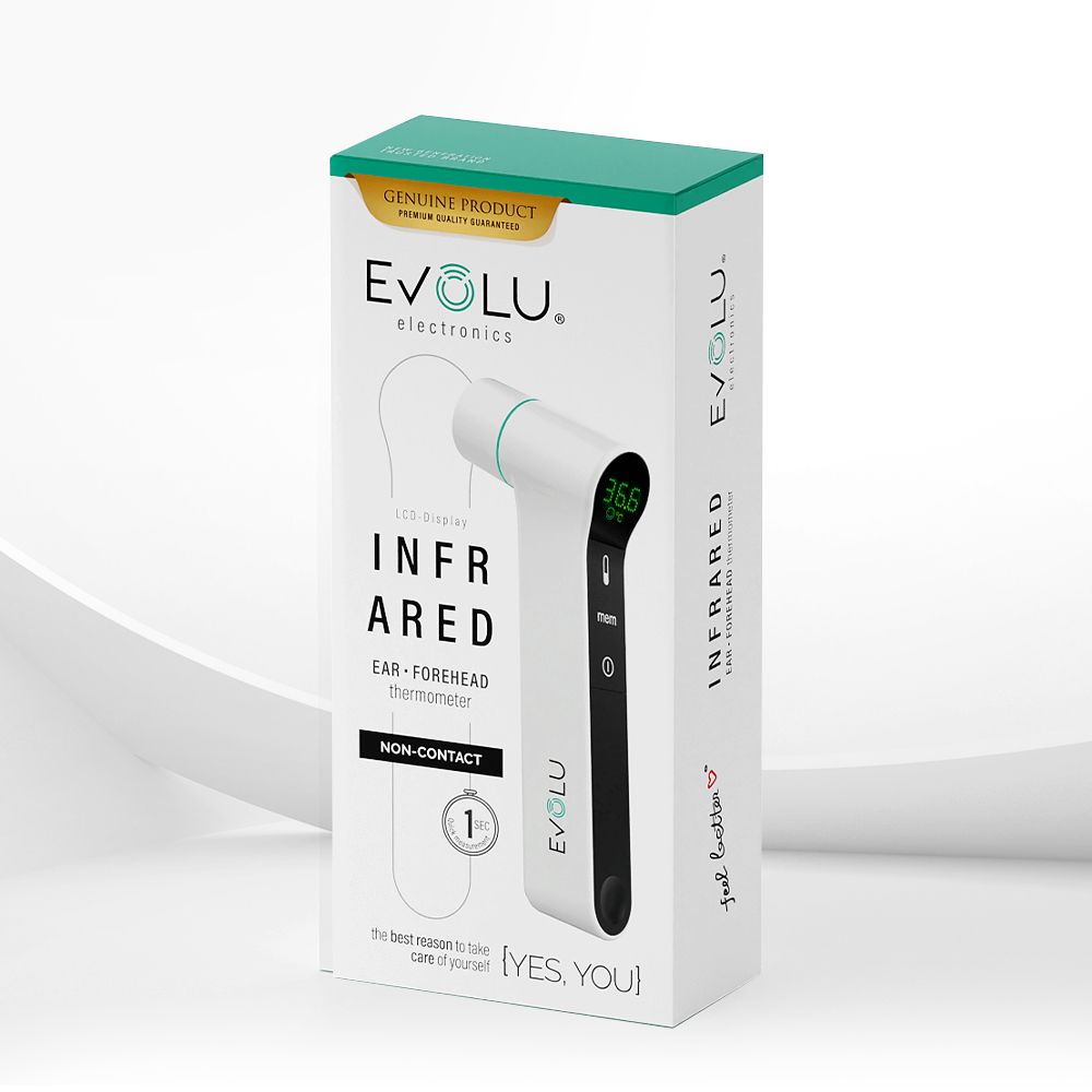 Verpackung: EVOLU Infrarot-Thermometer. Produktabbildung. Text: Infrarot, Ohr-Stirn-Thermometer.