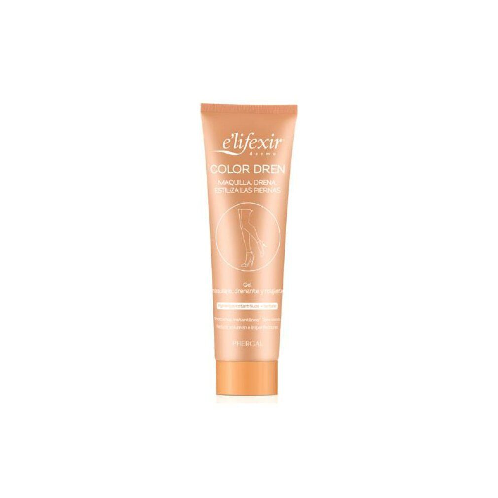 Beige Tube mit Produktnamen und Bein-Illustration. Text: Color Dren, Make up, Slender & Draining leg gel.