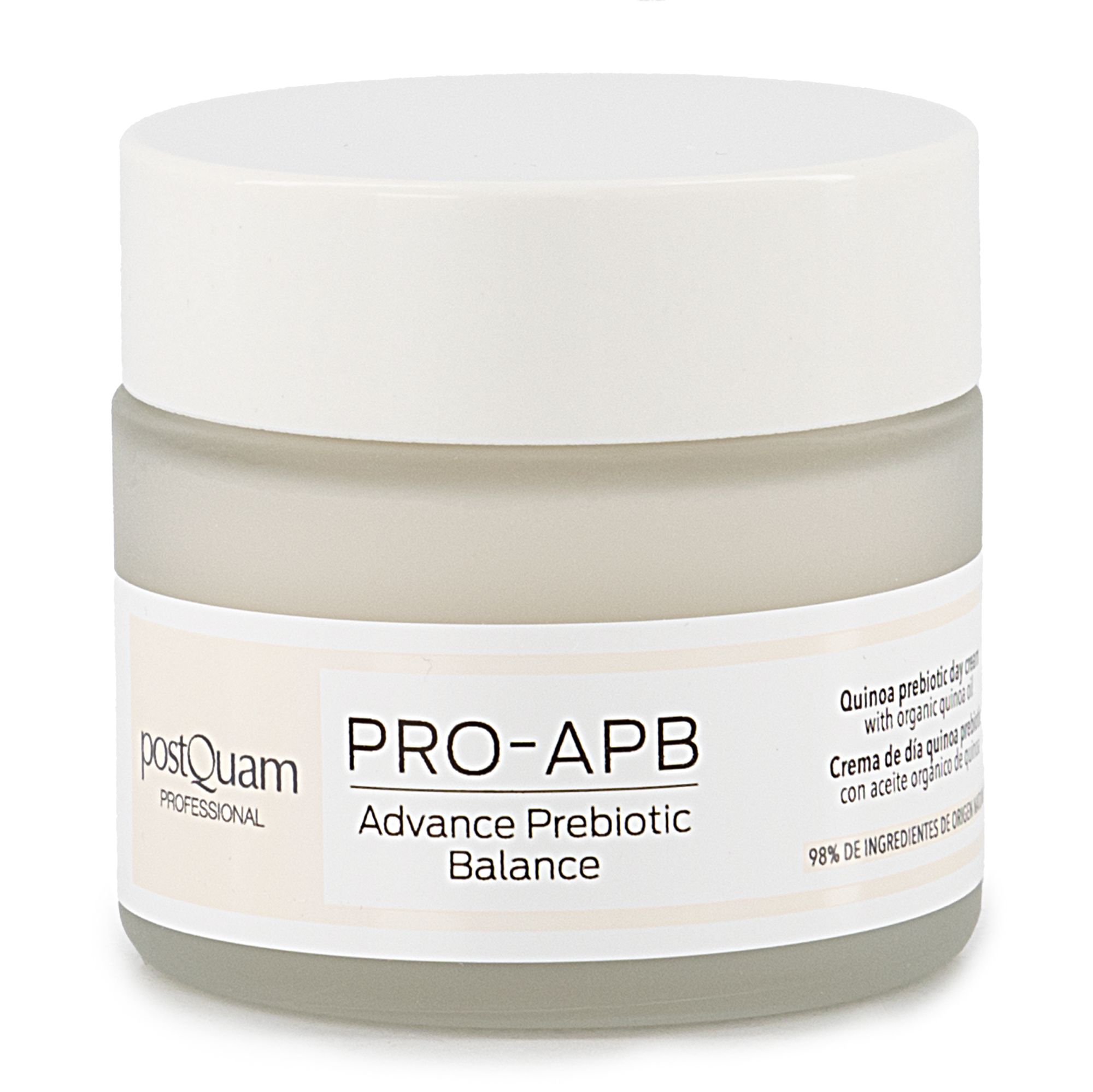 Creme-Glas mit Deckel. Aufschrift: PRO-APB Advance Prebiotic Balance. Marke: postQuam. Text: Quinoa prebiotic day cream.
