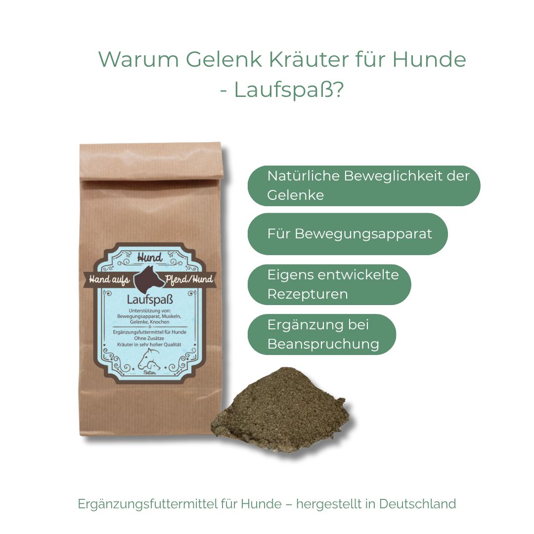 Braune Papiertüte mit Produktetikett. Daneben Kräuterpulver. Text: Warum Gelenk Kräuter für Hunde - Laufspaß?