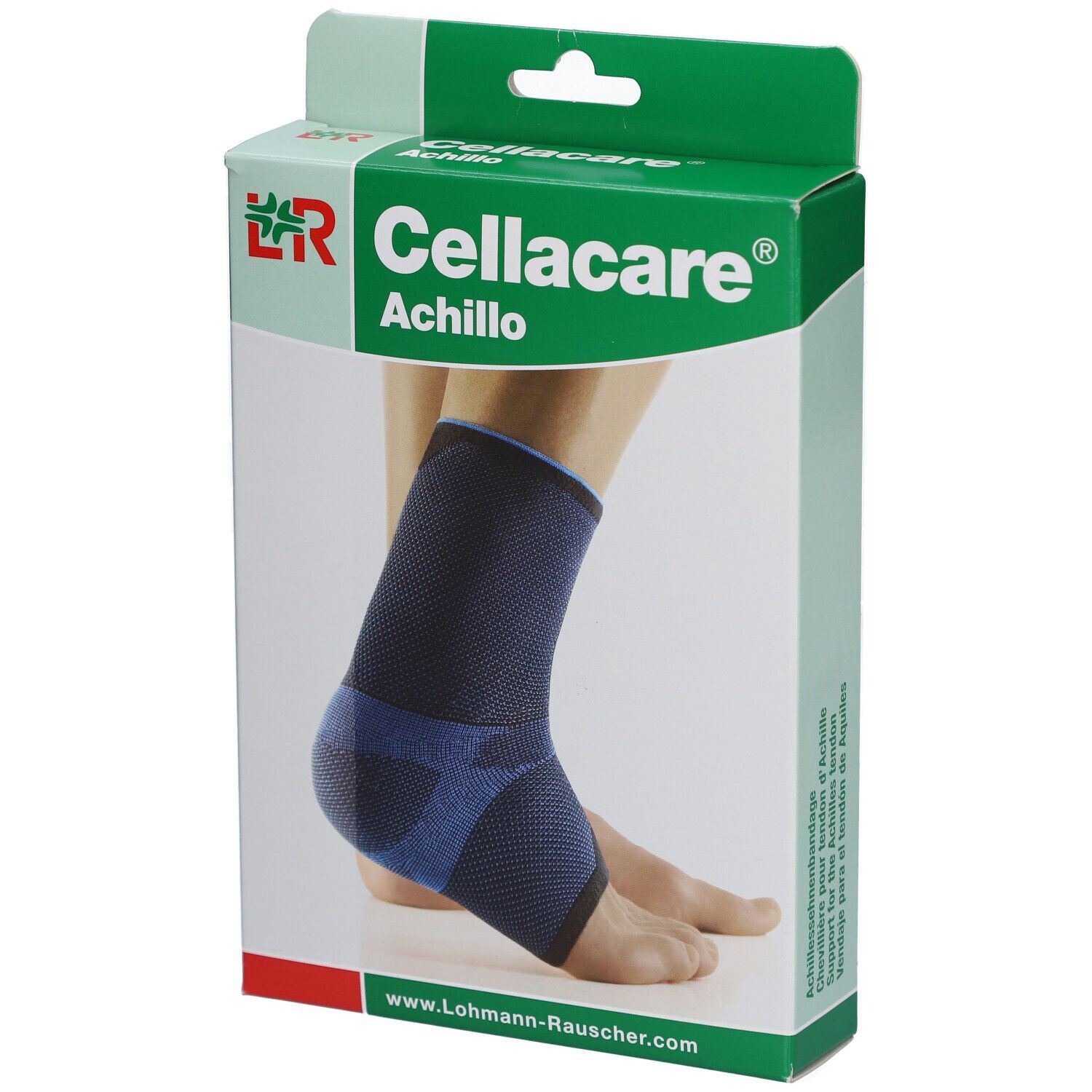 Cellacare Achillo Achillessehnenbandage in Verpackung. Blau-schwarz. Fuß und Knöchel abgebildet.