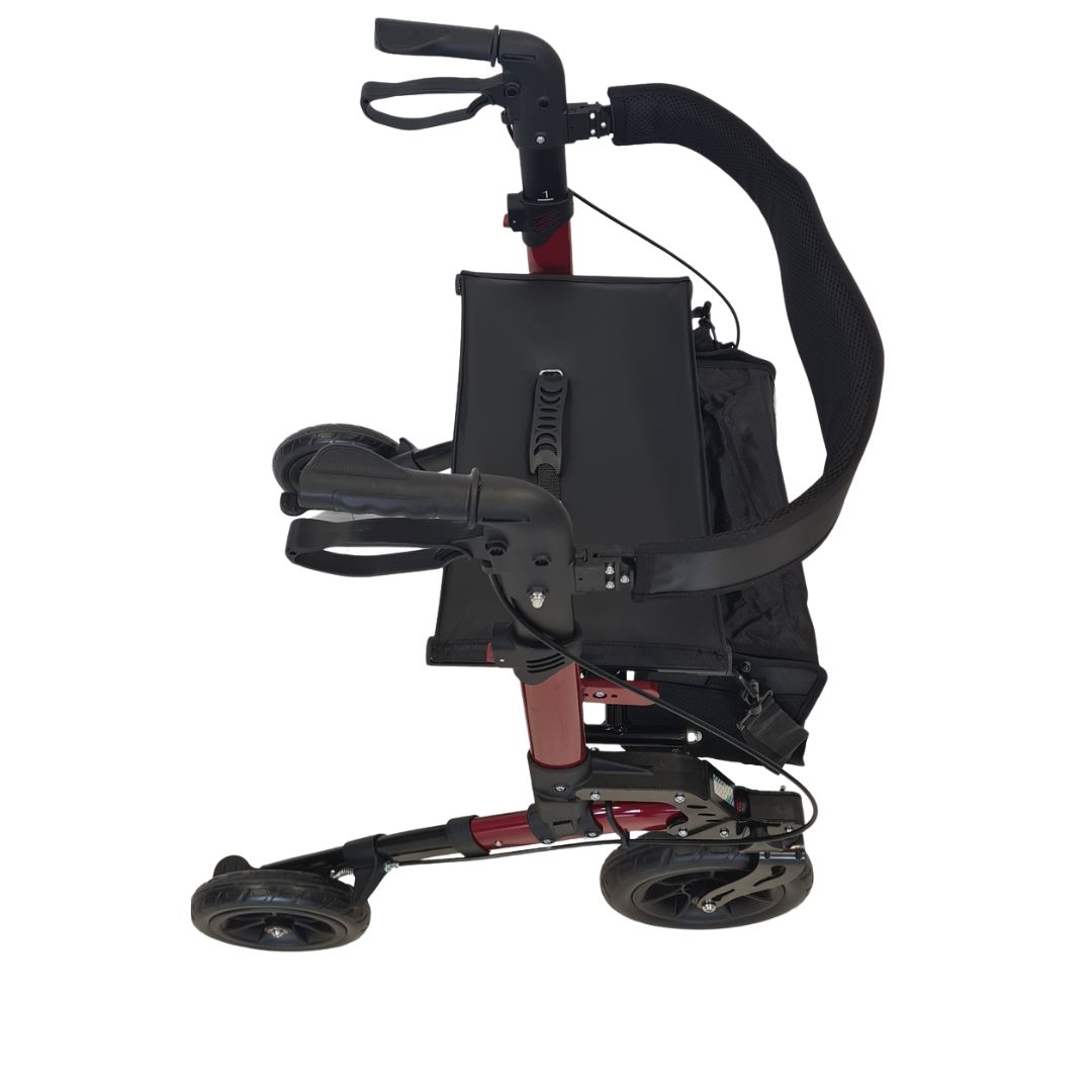 Roter abc HOME Rollator, Seitenansicht, zusammengeklappt.