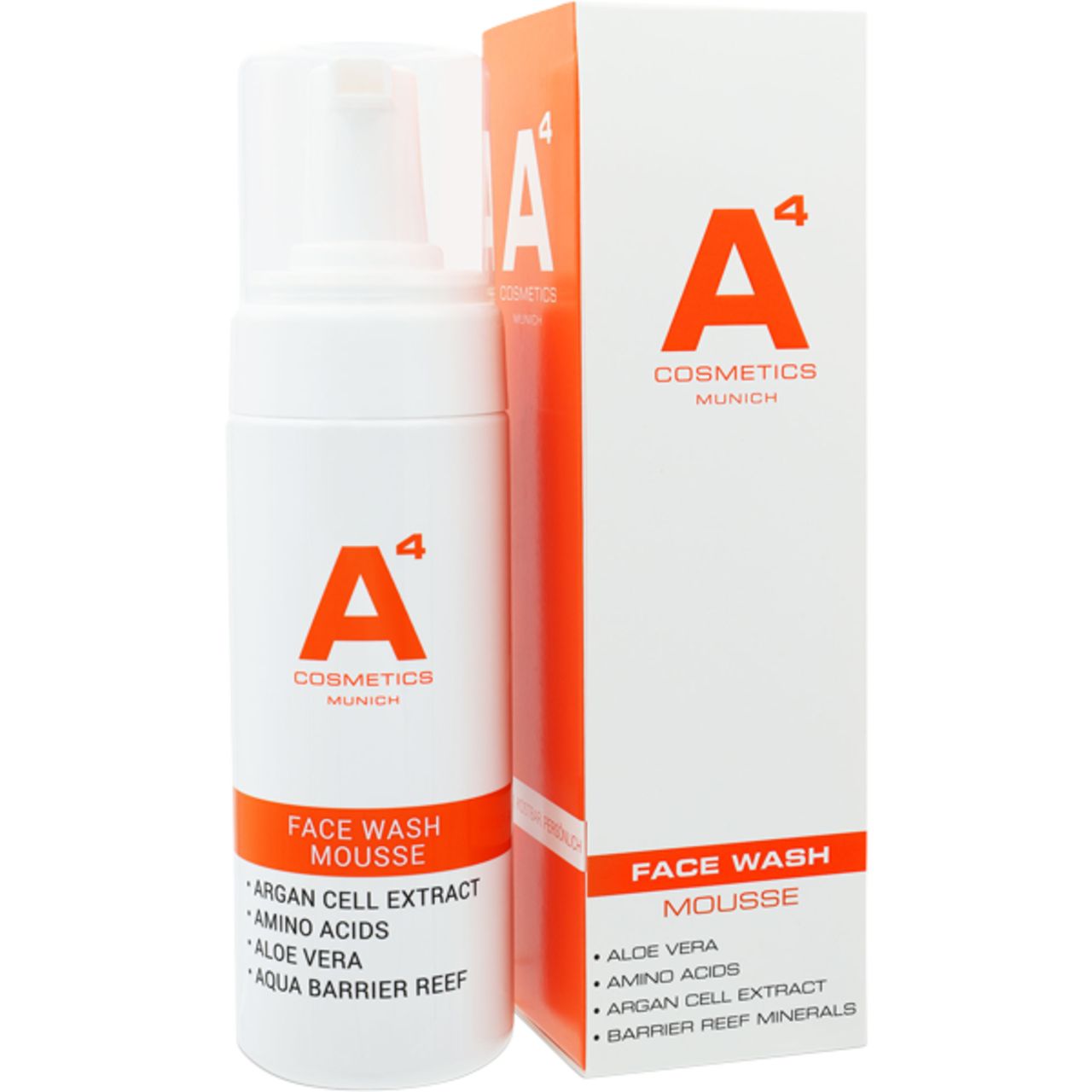 Weiße Flasche und Karton mit orangefarbenen Akzenten. Aufschrift: A4 Cosmetics, Face Wash Mousse. Inhaltsstoffe: Argan Cell Extract, Aloe Vera.