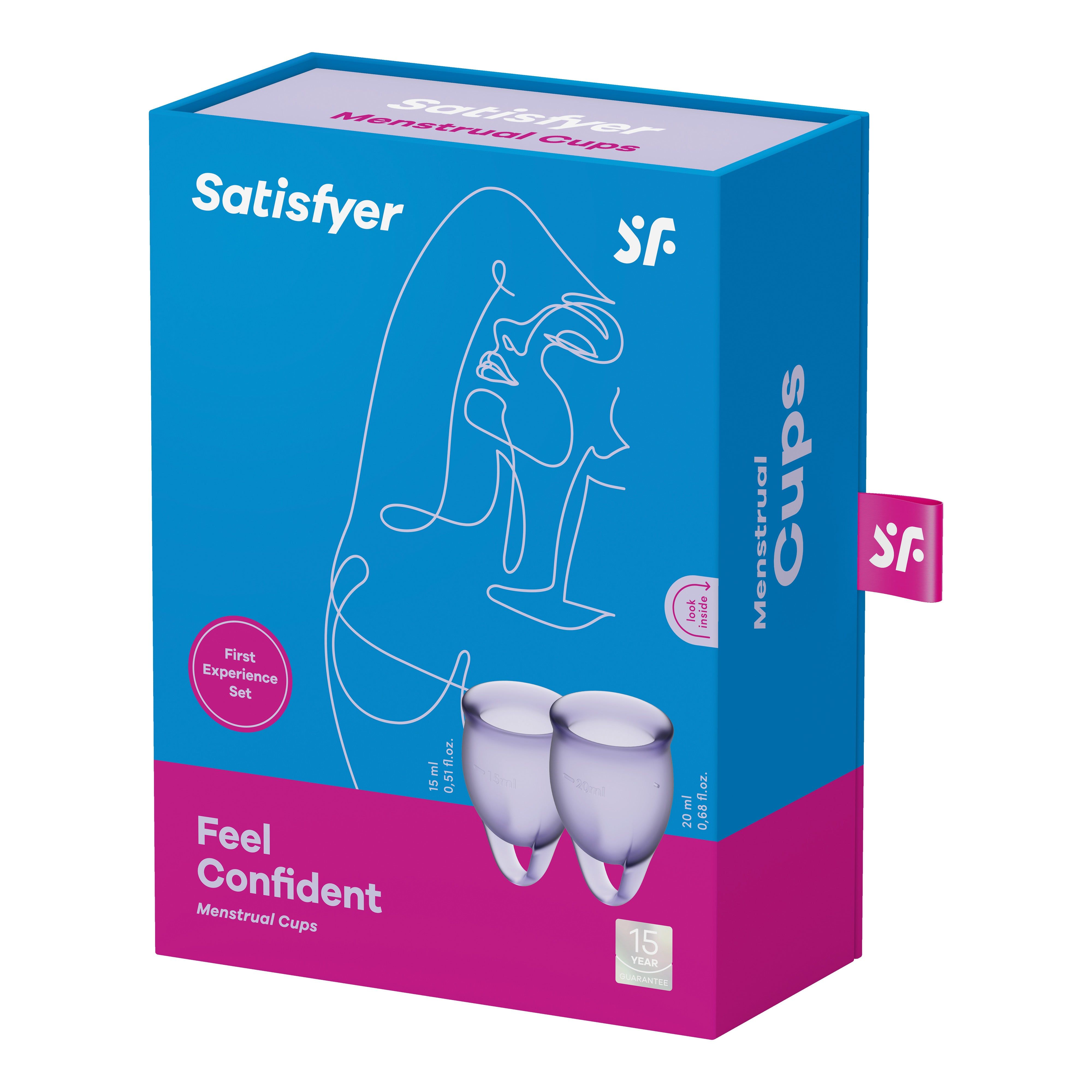 Verpackung von Satisfyer Menstruation Cups. Blaue Box mit Produktabbildung und Text.