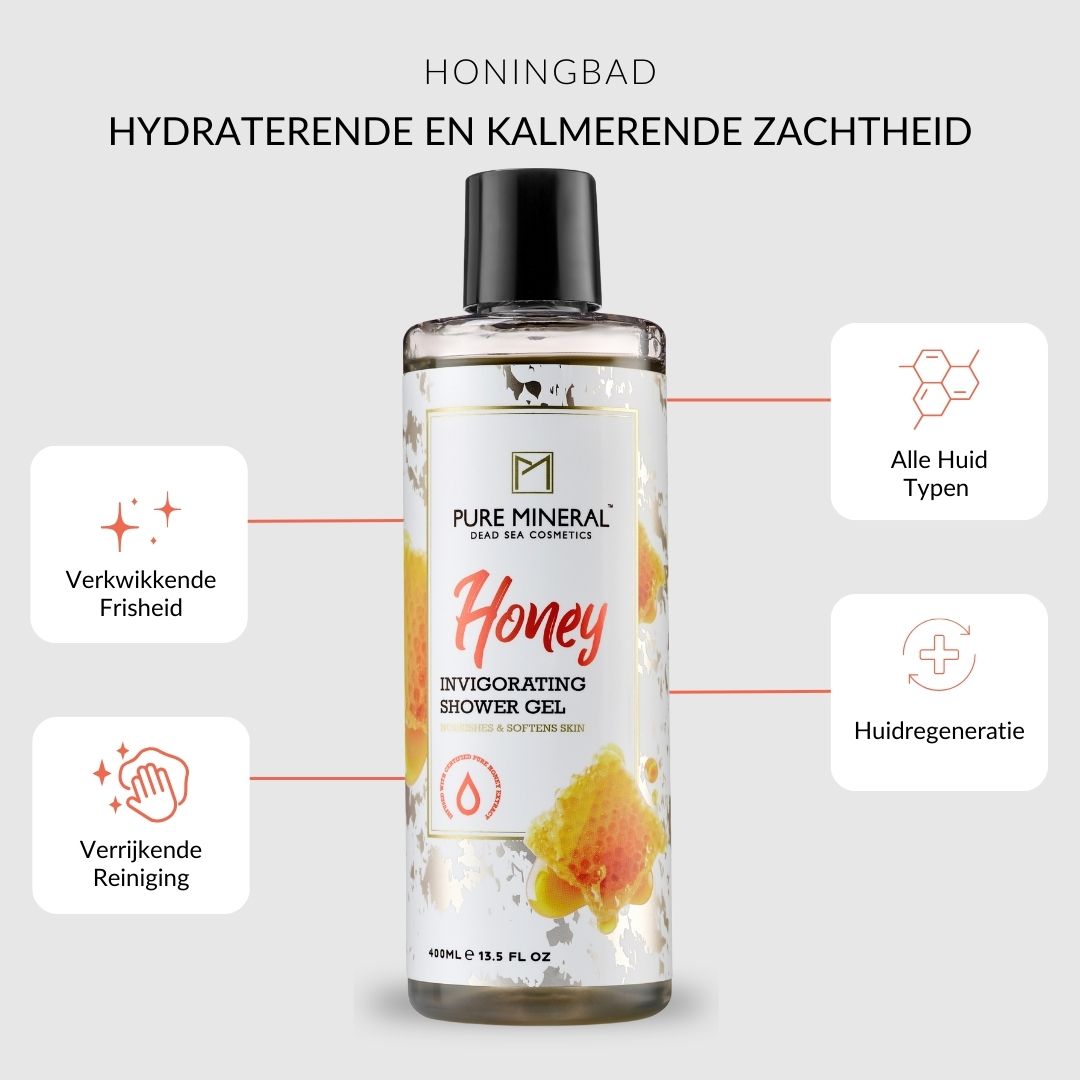 Productfles met tekst en iconen. Honingbad, hydraterend. Iconen: verfrissend, reinigend, Aloë Vera, alle huidtypen.