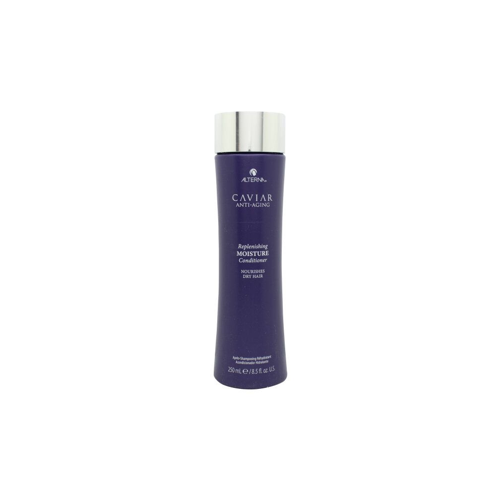 Dunkelvioletter Flakon mit silbernem Verschluss. Alterna Caviar Anti-Aging Feuchtigkeitsconditioner.
