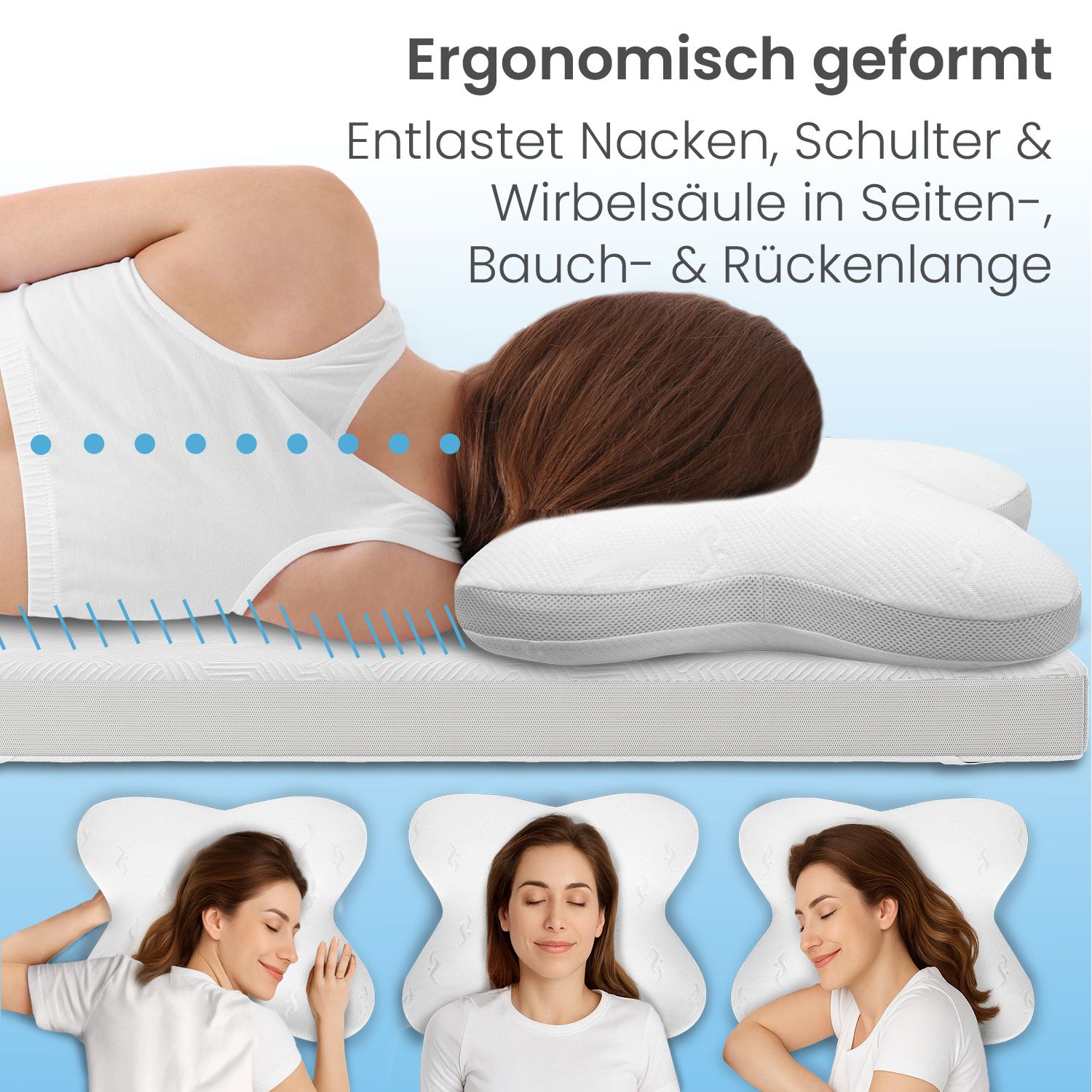 Ergonomisch geformtes Kissen. Frau liegt auf dem Kissen. Drei Schlafpositionen werden gezeigt.