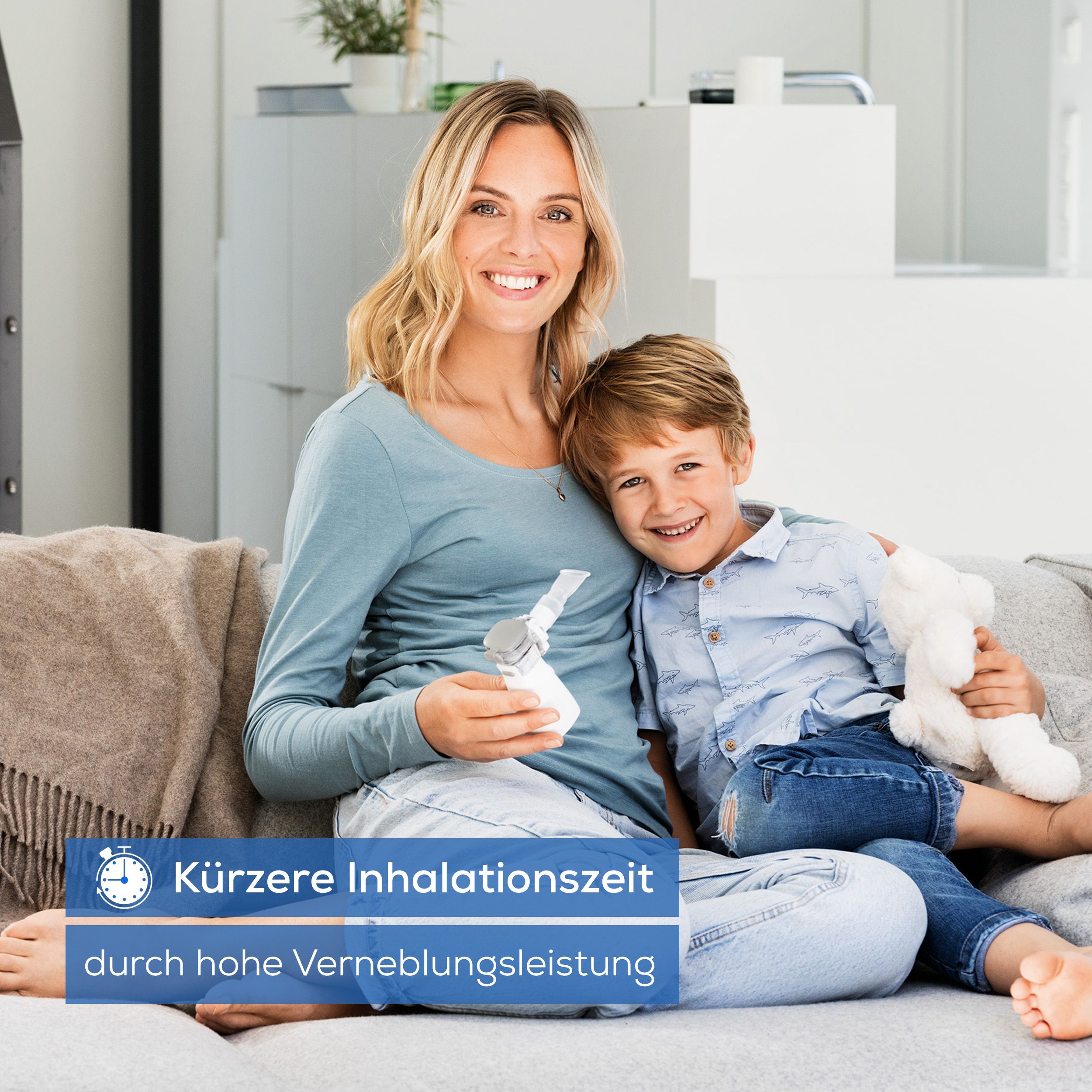 Beurer IH 57 Inhalator. Weißes Gerät mit Mundstück, grüner Ein-/Aus-Taste und Text.