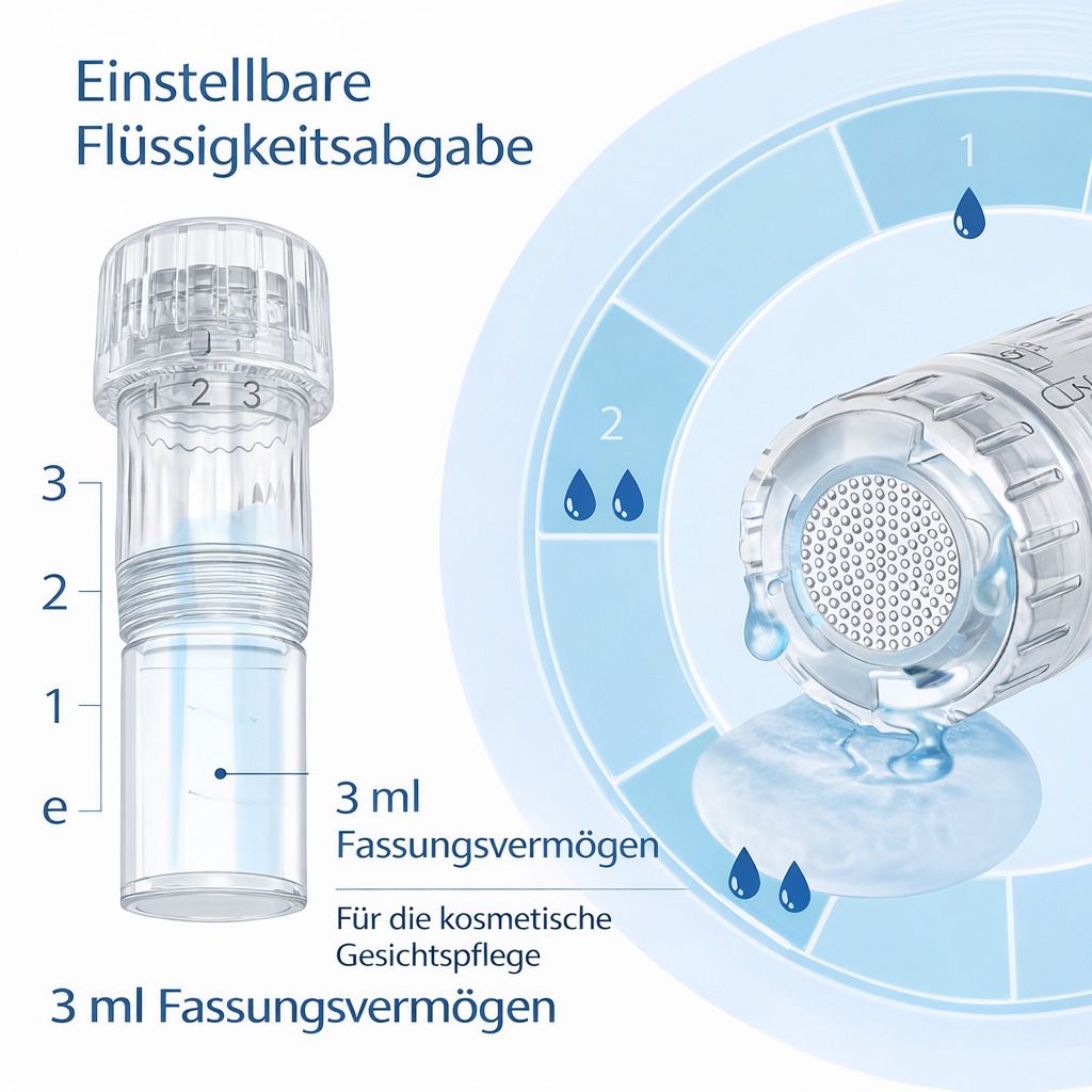 Microneedling-Nadel mit einstellbarer Flüssigkeitsabgabe. Skala von 1 bis 3. Fassungsvermögen 3 ml.