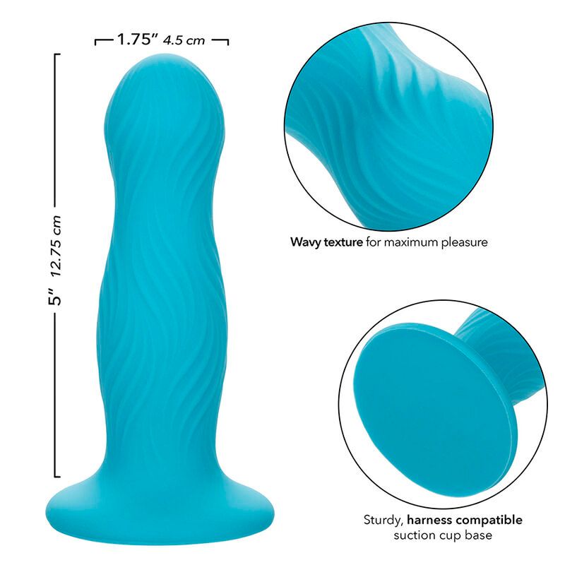 Türkisfarbener Analplug mit wellenförmiger Textur. Maße: 12,75 cm hoch, 4,5 cm breit. Merkmale: Saugnapf, für Gurte geeignet.
