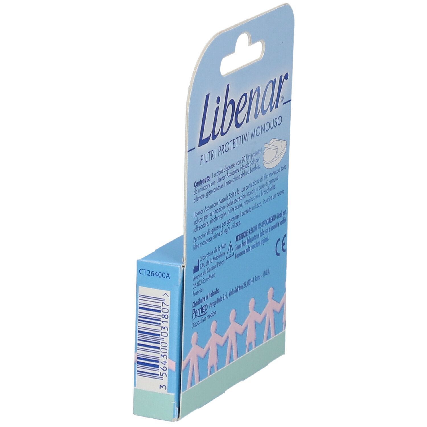 Vista laterale della confezione Libenar Filtri Protettivi Monouso. Scatola blu con testo e codice a barre. Nome del prodotto visibile.