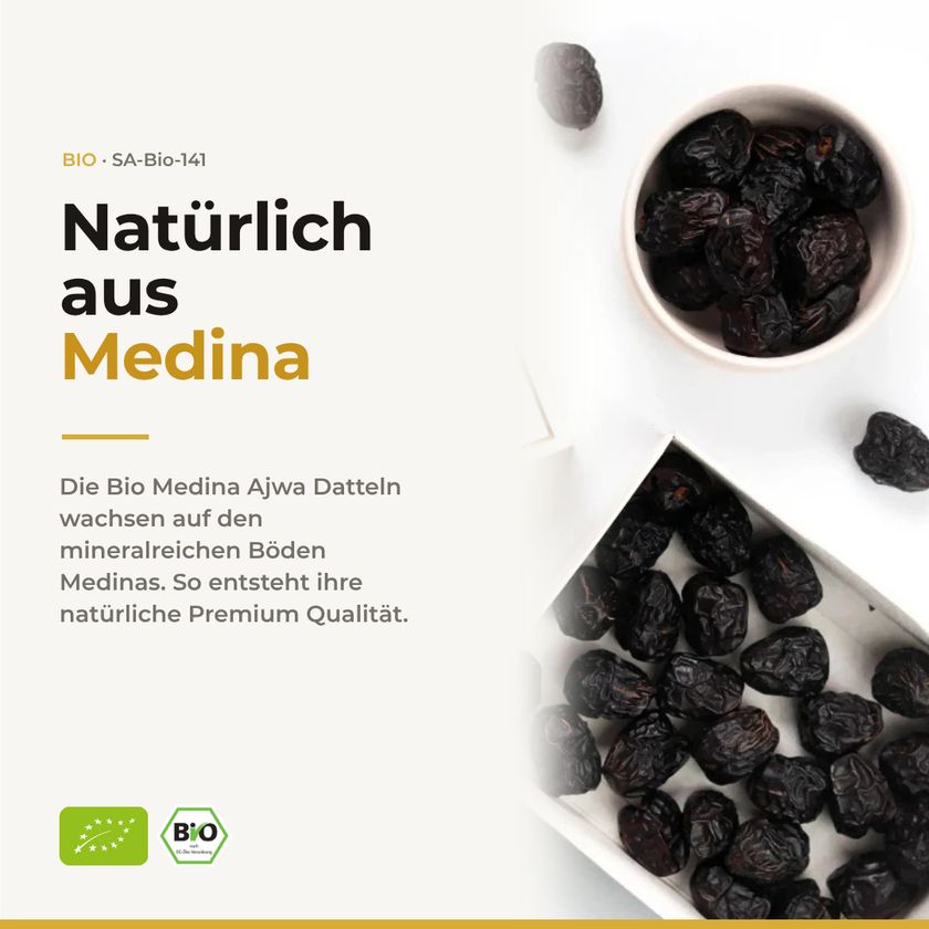 Bio Medina Ajwa Datteln in einer Schale und einer Schachtel, natürlich gewachsen auf mineralreichen Böden.