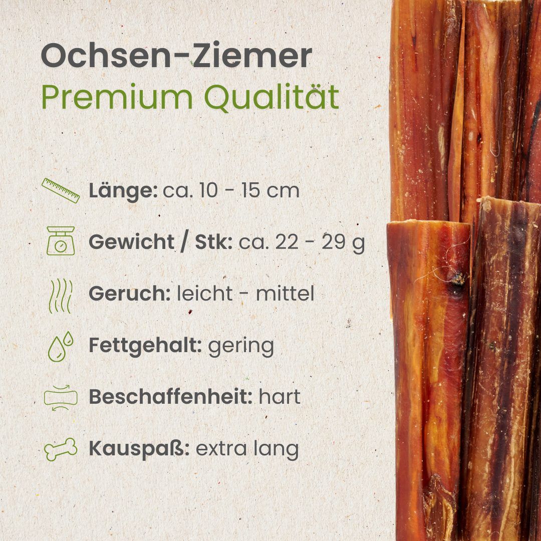 Ochsen-Ziemer: Länge 10-15 cm, Gewicht 22-29 g, geringer Fettgehalt, hart, extra langes Kauvergnügen.