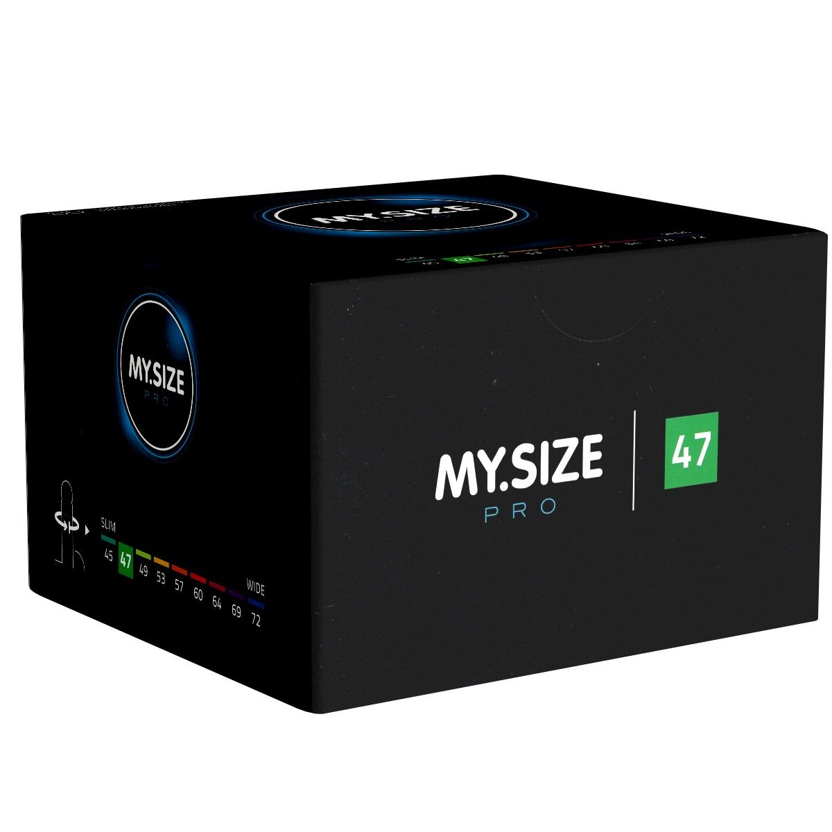 Schwarze Verpackung mit MY.SIZE PRO Logo. Aufdruck: 47 mm. Größenangaben: 45-72 mm.
