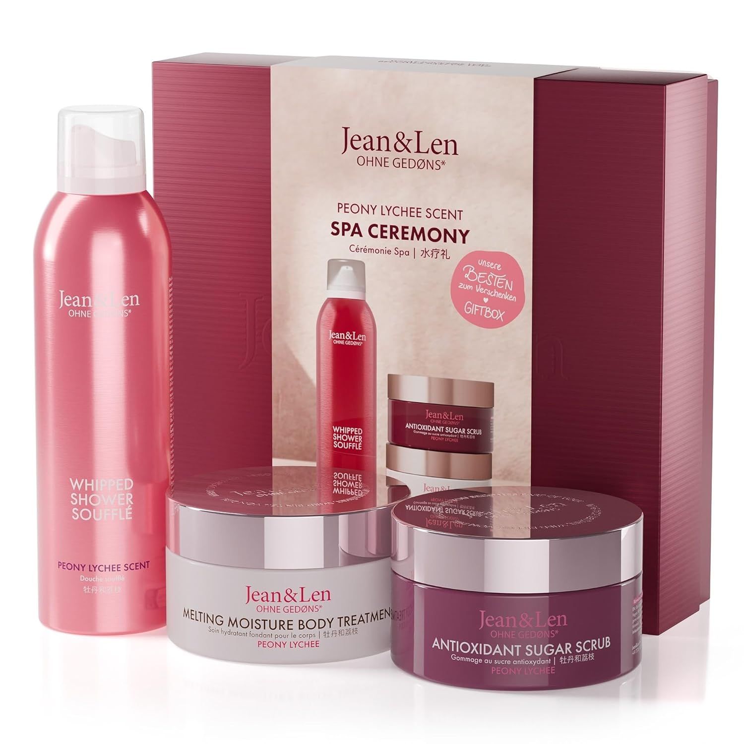 Geschenkbox mit Spa-Zeremonie-Produkten von Jean & Len. Enthält Whipped Shower Soufflé, Melting Moisture Body Treatment, Antioxidant Sugar Scrub und weitere.