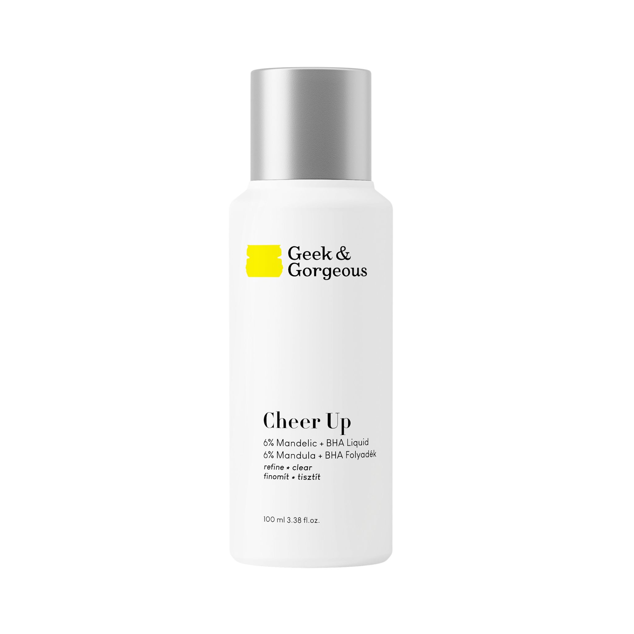 Weiße Flasche mit gelbem Akzent. Produktname: Cheer Up. Text: Geek & Gorgeous. 100 ml.