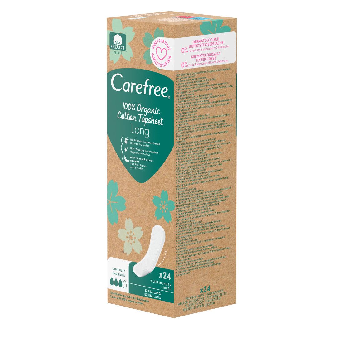 Carefree Slipeinlagen, Organic Long ohne Duft, in Verpackung. 24 Stück. Verpackung mit Produktinformationen und Zertifizierungen.