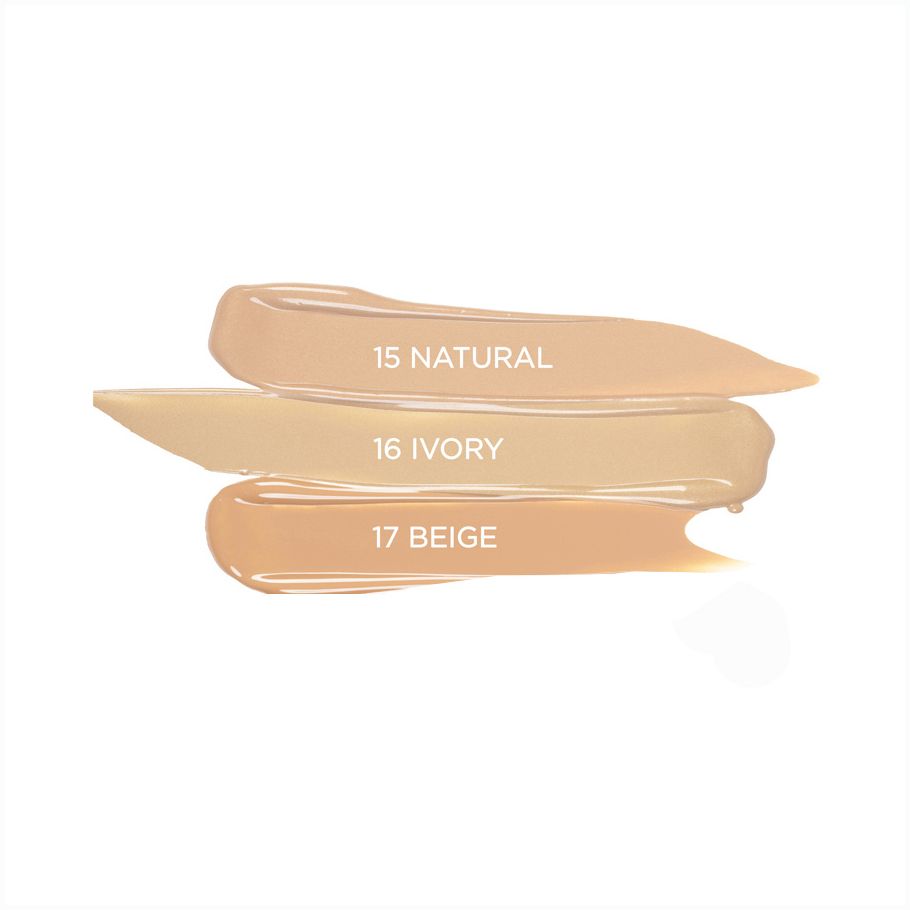 Drei Farbproben Concealer: 15 Natural, 16 Ivory, 17 Beige. Auf weißem Hintergrund.
