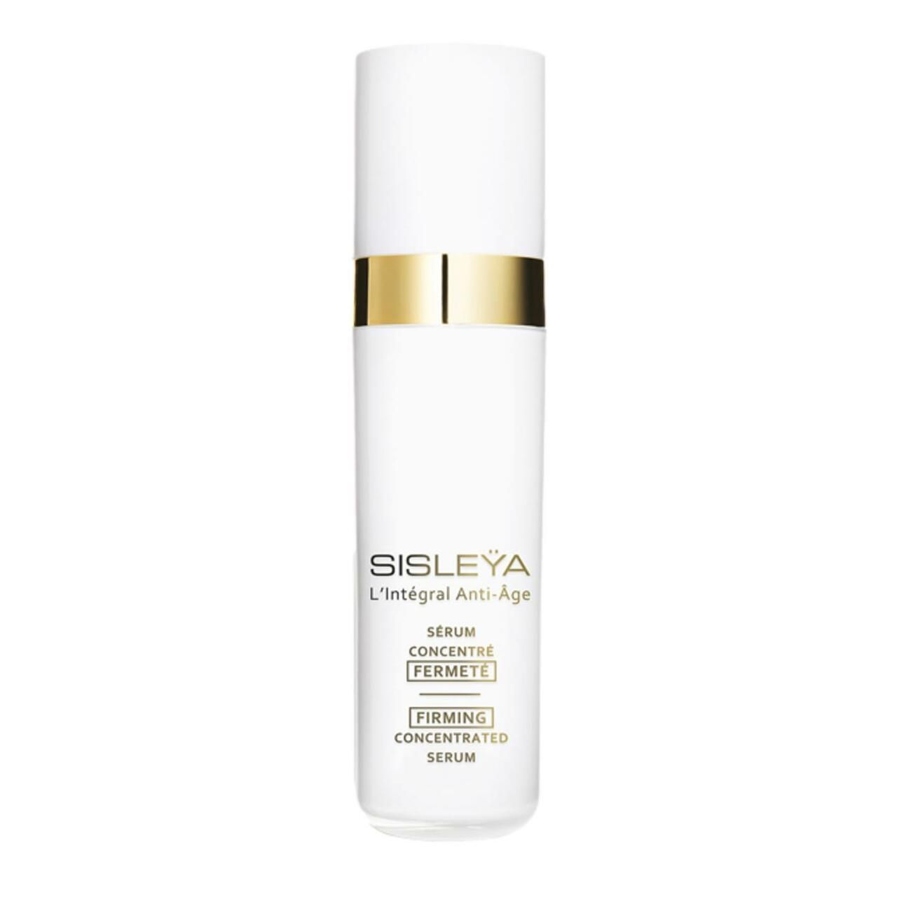 Weißes Serum mit goldfarbenem Band. Aufschrift: Sisleya L'Intégral Anti-Âge, Serum concentré fermeté, Firming Concentrated Serum.