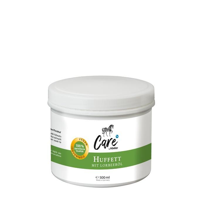 Weißes, rundes Gefäß mit Deckel. Aufschrift Care, Huffett mit Lorbeeröl. Grüner Streifen mit Logo. Vegan-Siegel.