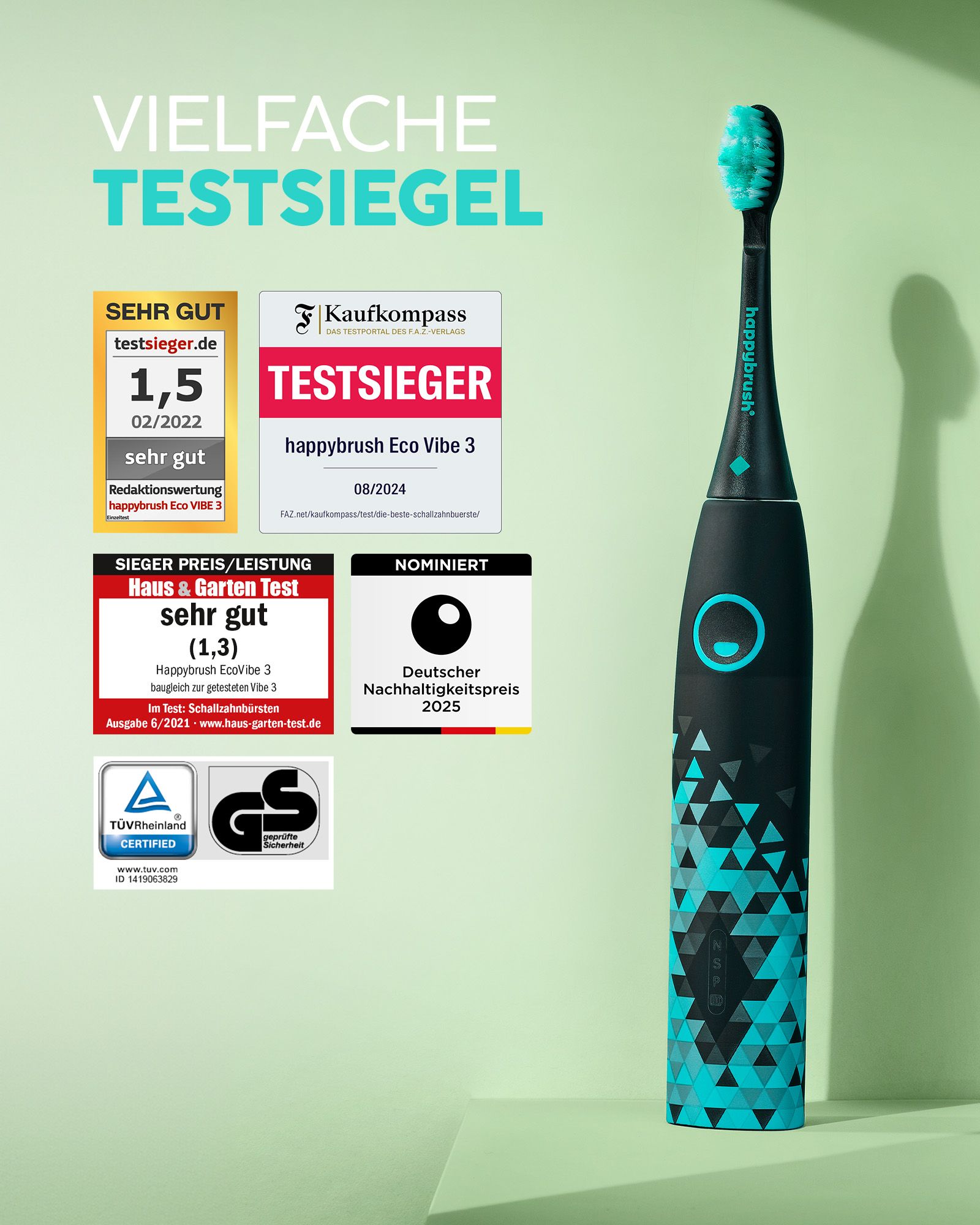 Schallzahnbürste mit Test-Siegeln. Türkises Design. Auszeichnungen: Sehr Gut, Testsieger, Haus & Garten Test, Nominiert. Marke happybrush.
