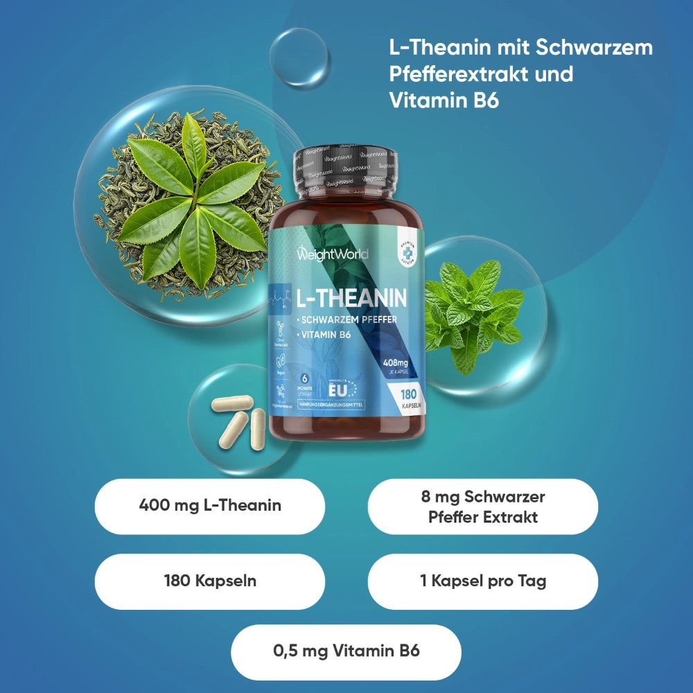 WeightWorld L-Theanin Kapseln: 400mg L-Theanin, 8mg schwarzer Pfeffer Extrakt, 0,5mg Vitamin B6, 180 Kapseln.