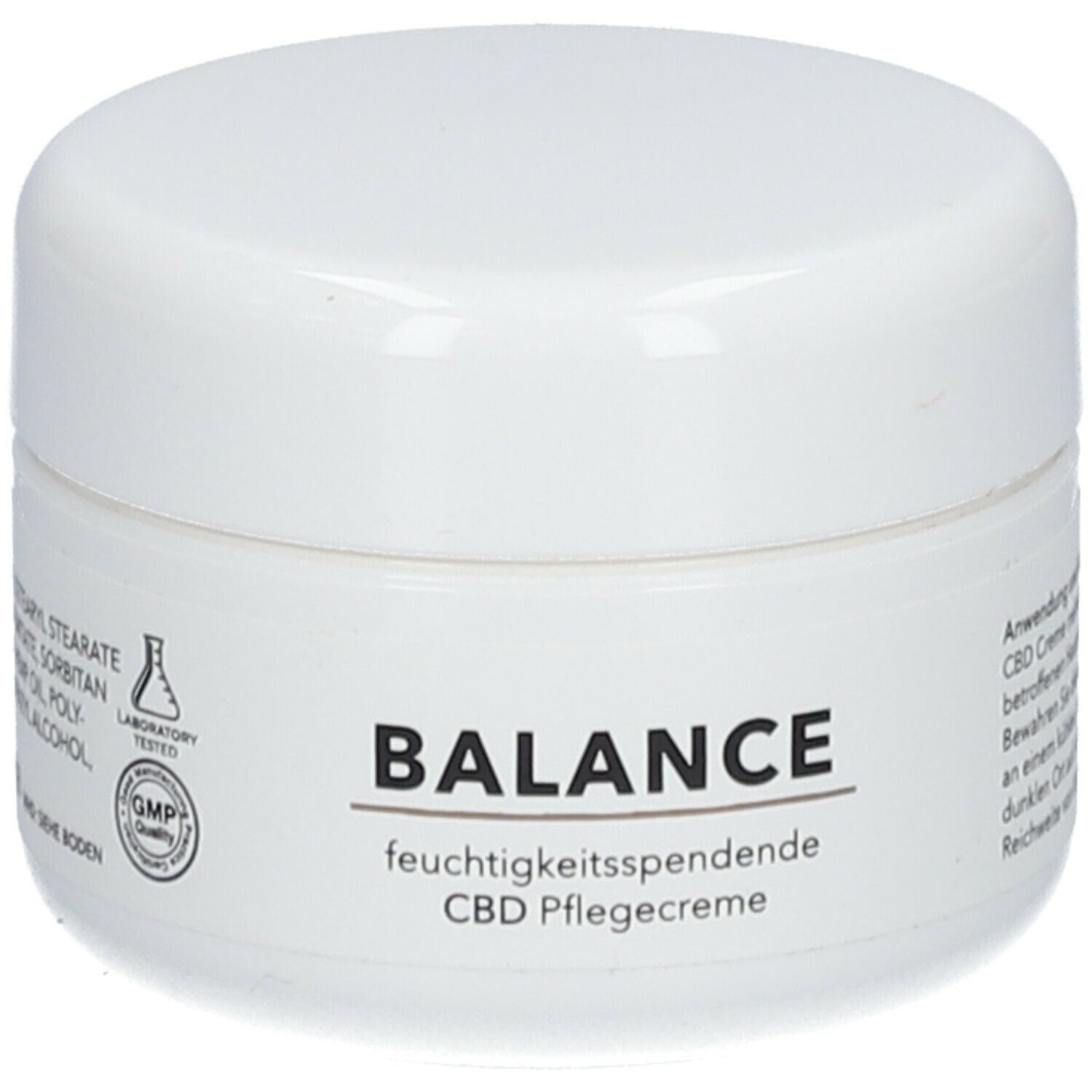 Weiße Creme-Dose mit Deckel. Aufschrift: BALANCE, feuchtigkeitsspendende CBD Pflegecreme. Laborgeprüft und GMP-Qualität.