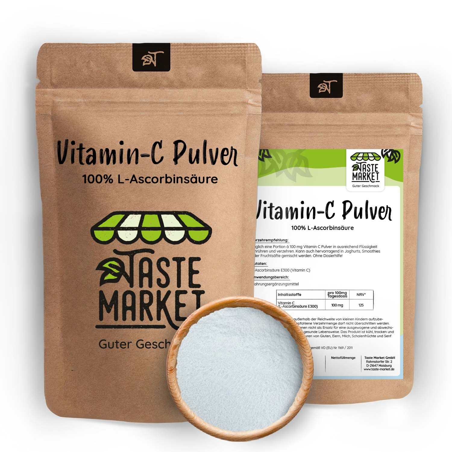 Zwei Beutel Vitamin-C-Pulver. Aufschrift: Vitamin-C Pulver, 100% L-Ascorbinsäure. Holzschale mit Pulver daneben. Marke: Taste Market.