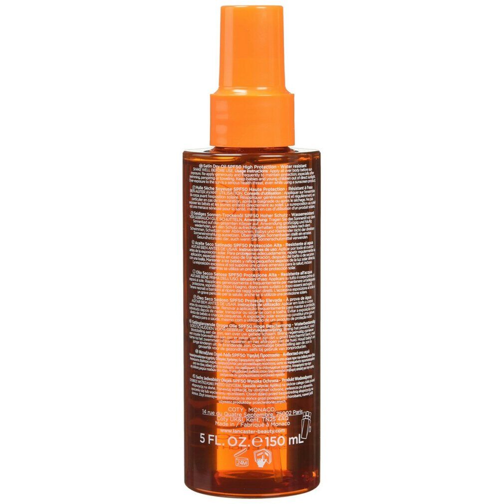 Rückansicht der Lancaster Sun Beauty Dry Oil Fast Tan Optimizer SPF50 Flasche. Deutlich sichtbar sind Produktinformationen und Inhaltsstoffe. Die Flasche enthält 150 ml.