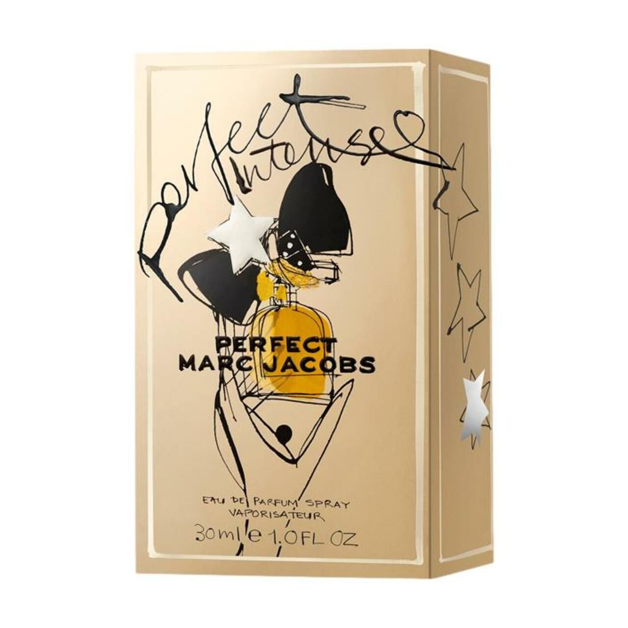 Verpackung mit Aufschrift: Perfect Marc Jacobs Intense. Goldfarbene Verpackung mit Illustration und Sternen. 30ml 1.0FL OZ.