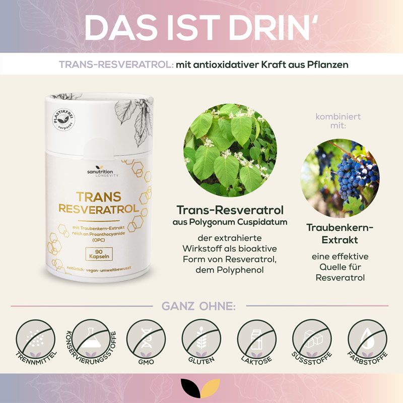 Infografik mit Sanutrition Trans-Resveratrol Kapseln und Inhaltsstoffen. Enthält Informationen zu Inhaltsstoffen und Vorteile.