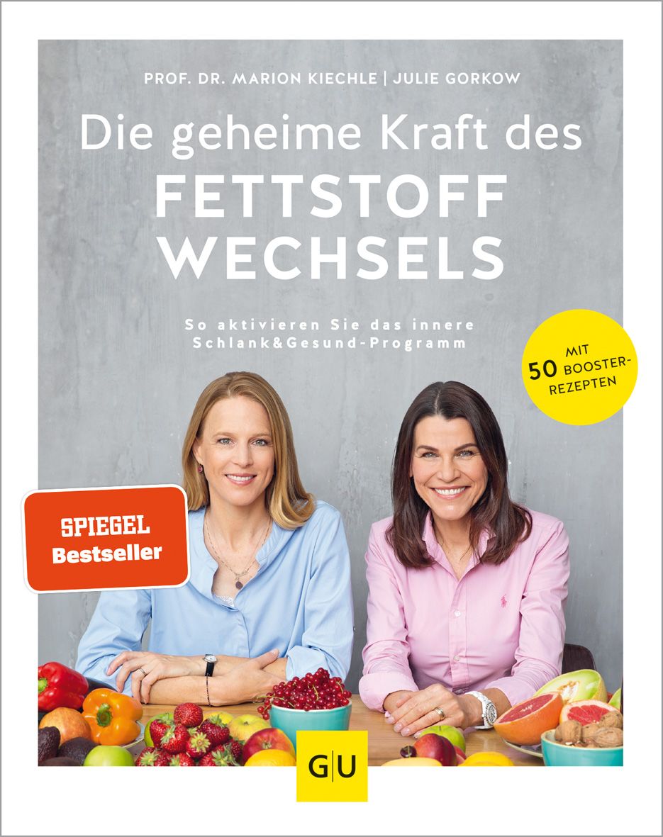Buchcover: "Die geheime Kraft des Fettstoffwechsels". Zwei Frauen, Titel, Autoren, "Spiegel Bestseller"-Aufkleber, gelbes Logo, 50 Rezepte.