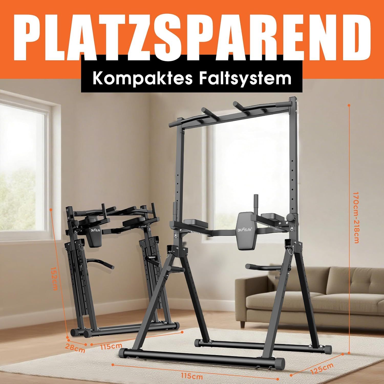 DH FitLife Faltbar Power Tower Dip Station mit Rückentrainer