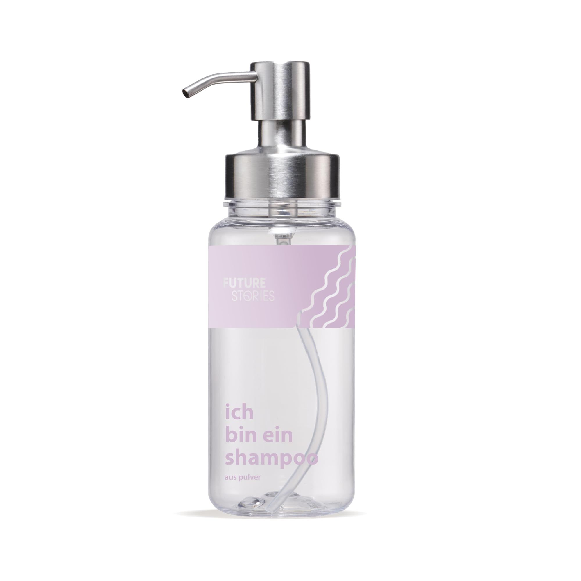 Transparente Flasche mit silbernem Pumpspender. Aufschrift: "ich bin ein shampoo". Lila Etikett mit Wellenmuster.