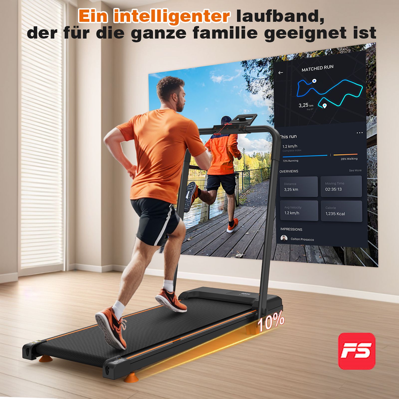 Mann läuft auf einem Laufband. Bildschirm zeigt App-Daten. Text: 10%. Logo: FS.