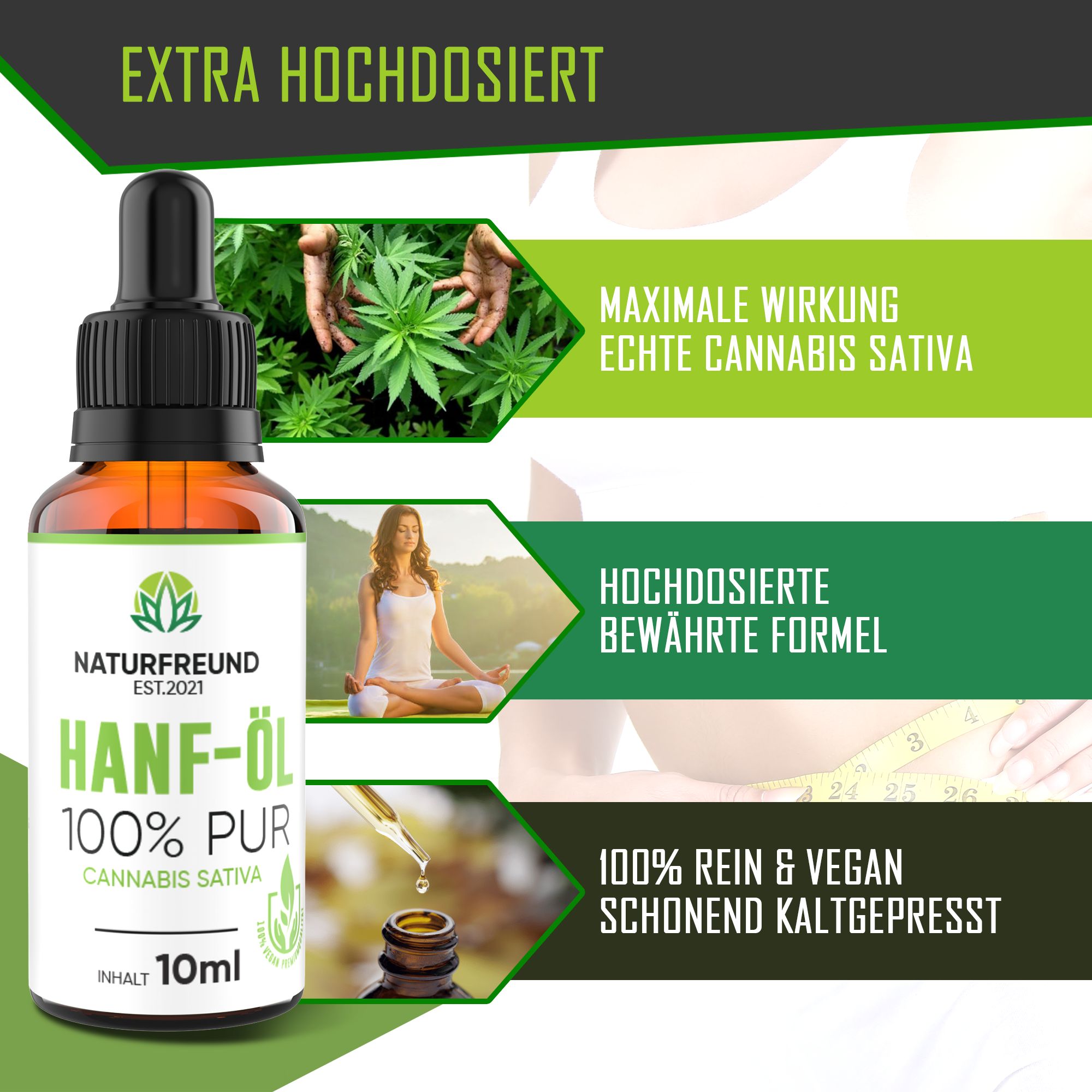 Braune Glasflasche mit Pipette. Etikett mit Logo, Schriftzug HANF-ÖL 100% PUR, Cannabis Sativa und 10ml. Text: EXTRA HOCHDOSIERT.