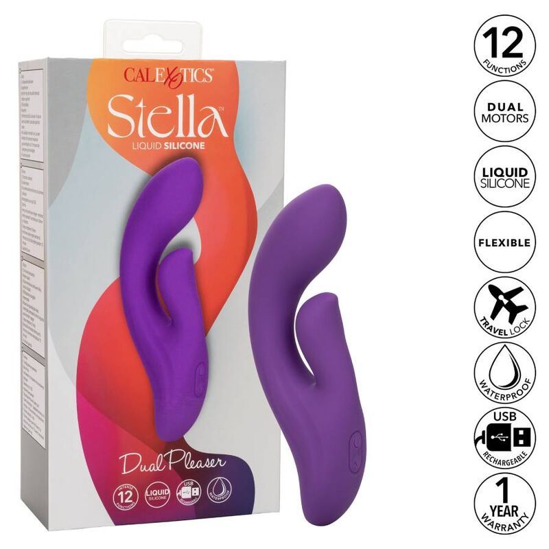 Lila Dual Pleaser in Verpackung. Marke CalExotics, Modell Stella. Aufschrift Dual Pleaser.