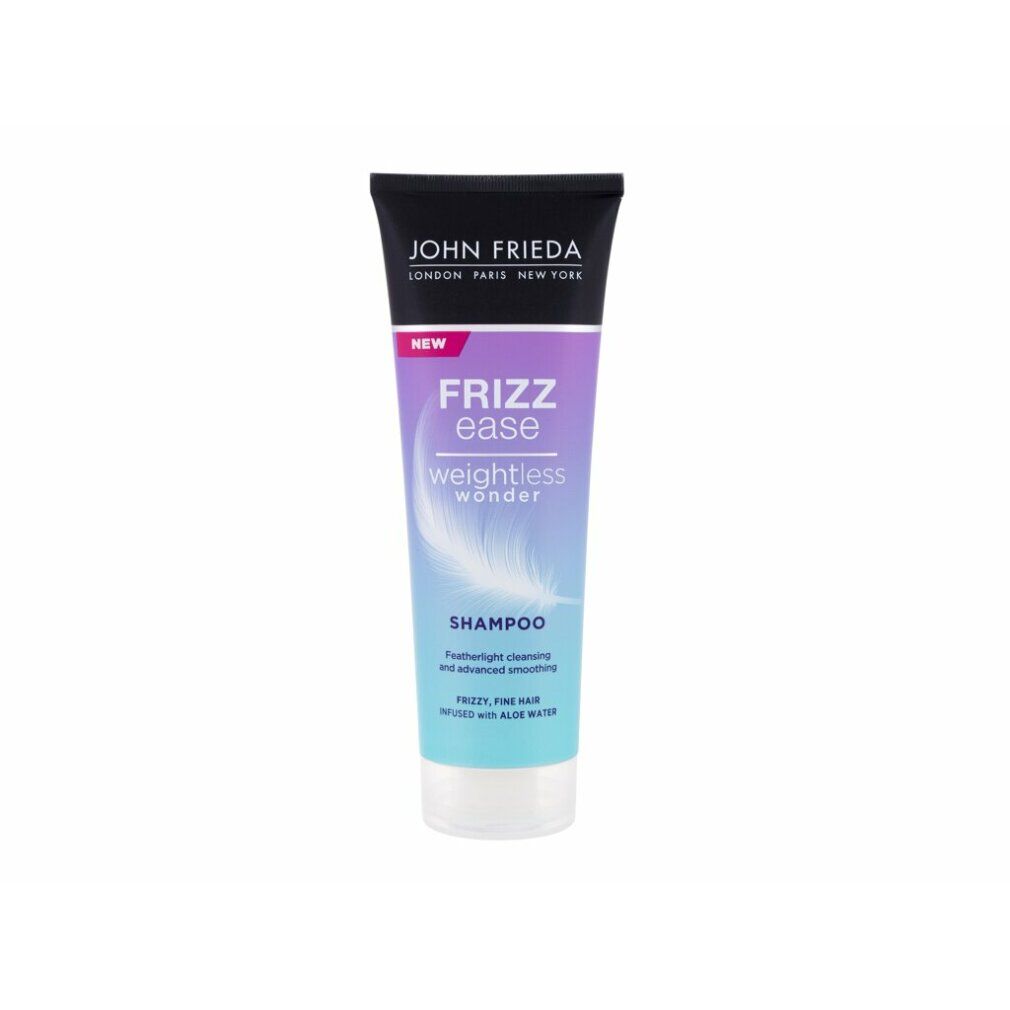 Shampoo-Tube Frizz Ease Weightless Wonder. Schwarzer Deckel, lila-blauer Farbverlauf, Feder-Illustration. Text: Shampoo, für feines Haar.