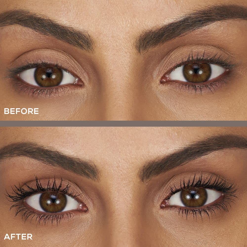 Zwei Augenpaare. Oben: Augen ohne Mascara. Unten: Augen mit Mascara. Beschriftung: BEFORE/AFTER.