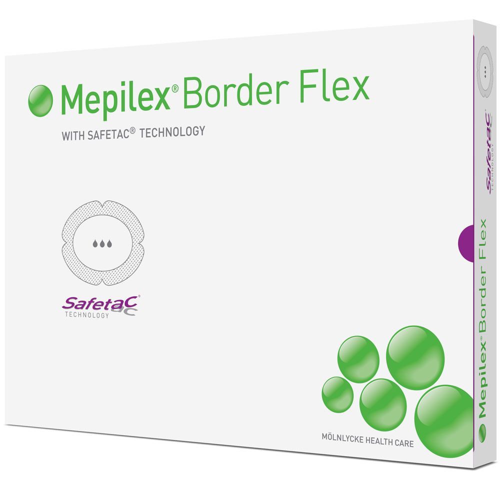 Verpackung von Mepilex® Border Flex. Weißer Karton mit grünem Logo und Produktnamen. Safetac® Technologie.