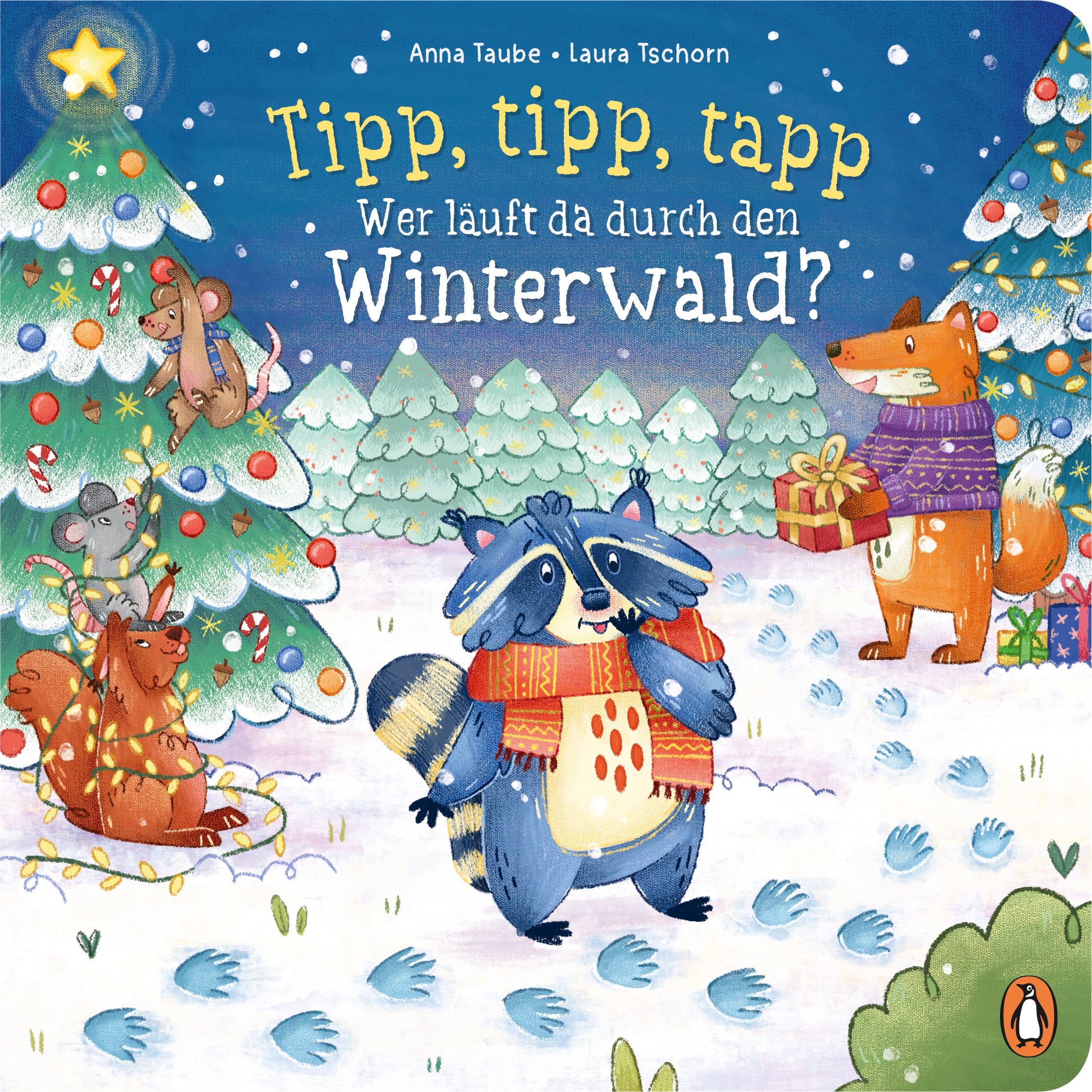 Buchcover mit Titel: Tipp, tipp, tapp – Wer läuft da durch den Winterwald? Illustrationen von Tieren im Winterwald.