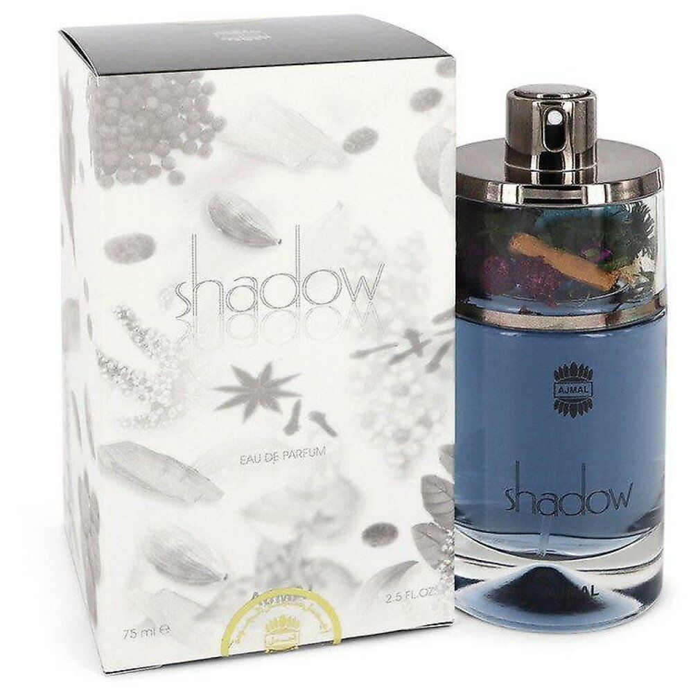 Parfümflakon und Verpackung. Flakon mit "shadow" Schriftzug. Verpackung mit floralen Motiven und "shadow" Schriftzug.