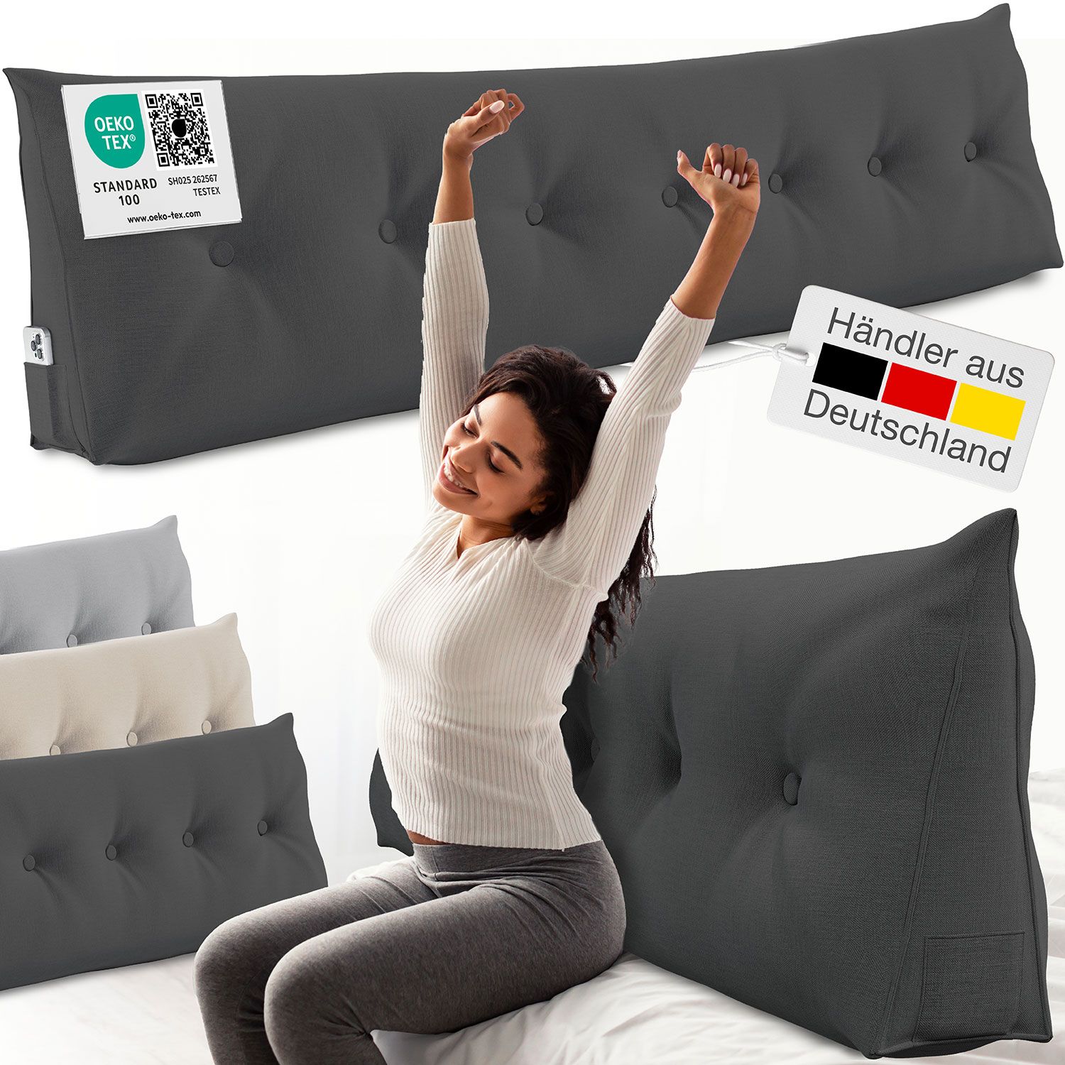 Graues Keilkissen mit Knöpfen. Frau dehnt sich. Text: Öko-Tex Standard 100, Händler aus Deutschland. Mehrere Kissen in verschiedenen Farben.