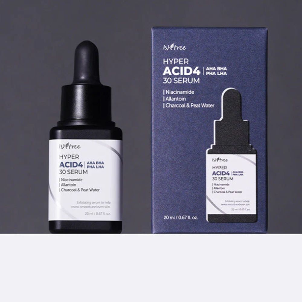 Serumflasche und Verpackung. Aufschrift: ISNTREE Hyper Acid4 30 Serum. Enthält AHA, BHA, PHA, LHA. Schwarzer Hintergrund.