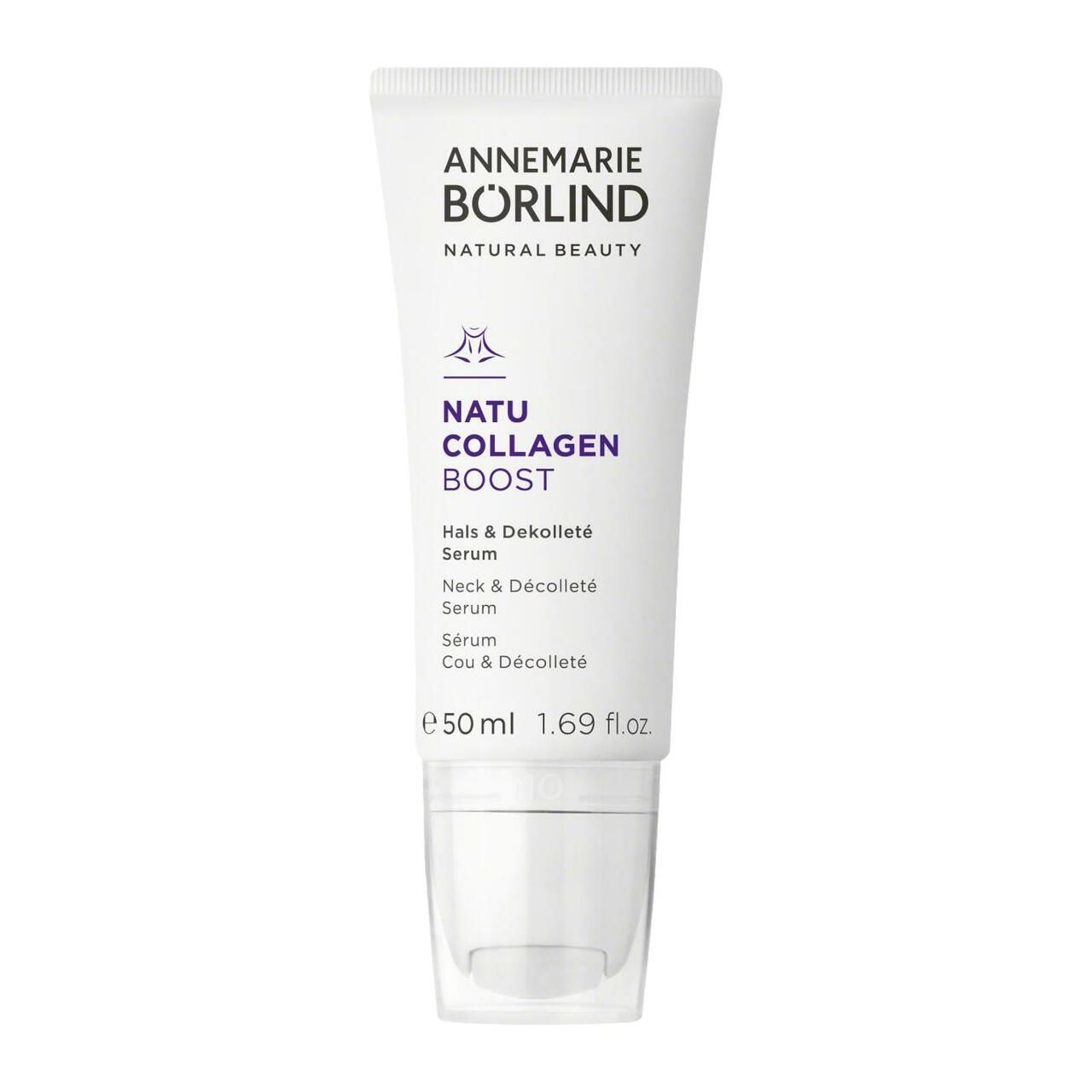ANNEMARIE BÖRLIND Hals & Dekolleté Serum. Tube mit Roll-on-Applikator. Produktname und Logo deutlich sichtbar.