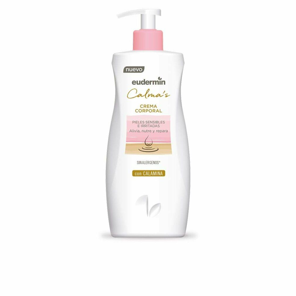 Weißer Behälter mit rosa Pumpe. Aufschrift "Eudermin Calma's Crema Corporal". Text: "Pieles sensibles e irritadas".