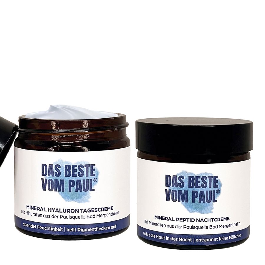 Zwei Cremes nebeneinander. Text: Das Beste von Paul. Mineral Hyaluron Tagescreme und Mineral Peptid Nachtcreme. Schwarze Deckel.