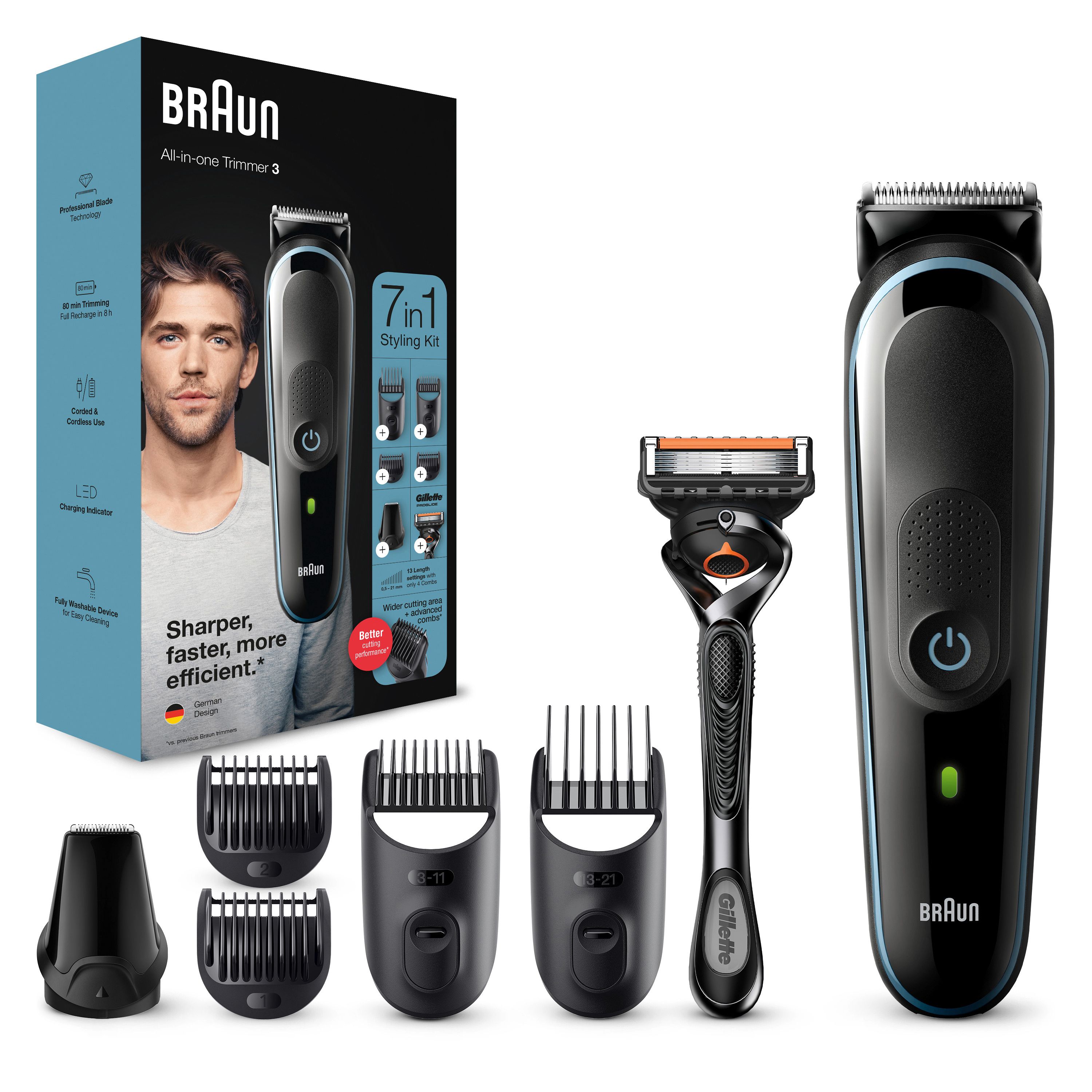 Braun MultiGroomingKit mit Verpackung. Schwarz-blaues Gerät, Rasierer, Aufsätze. 7-in-1 Styling Kit.