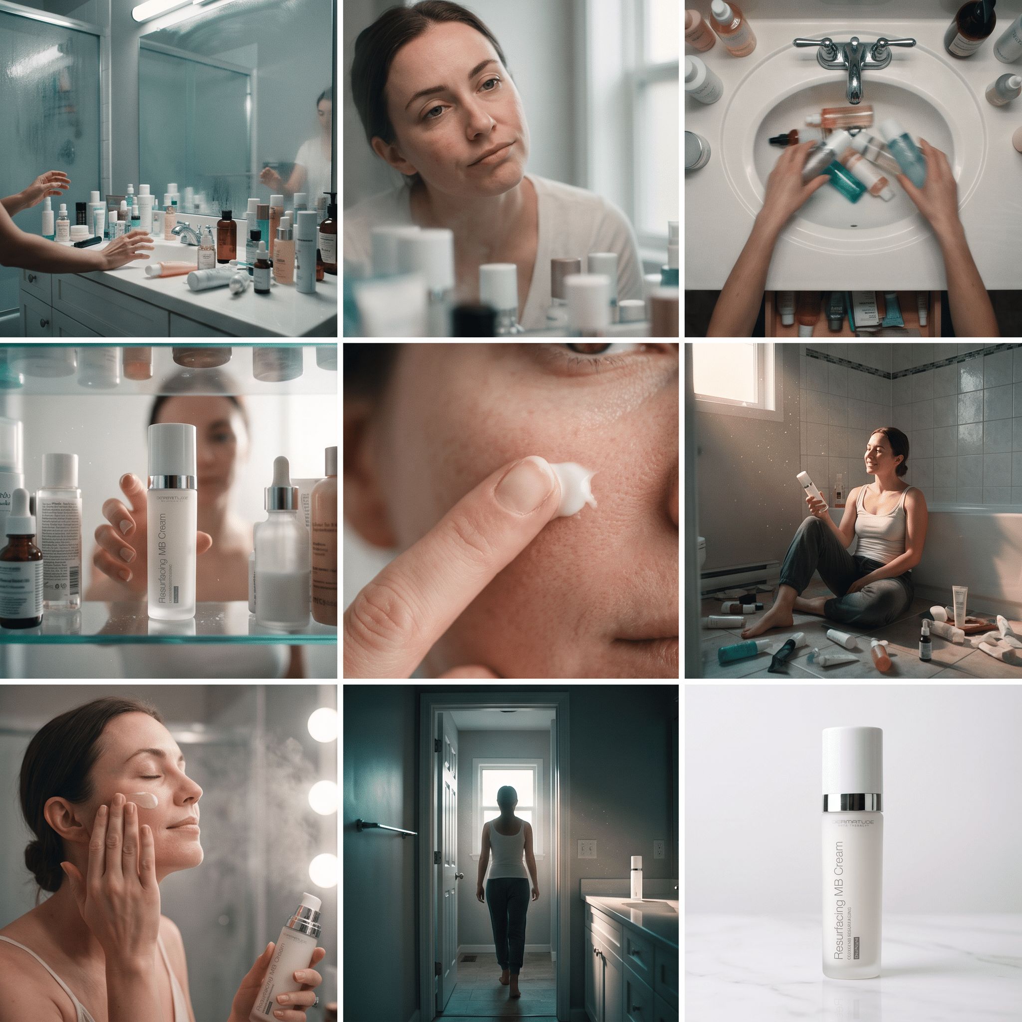 Eine Frau trägt eine weiße Creme auf ihr Gesicht auf und hält einen Spender mit der Aufschrift "Resurfacing MB Cream".