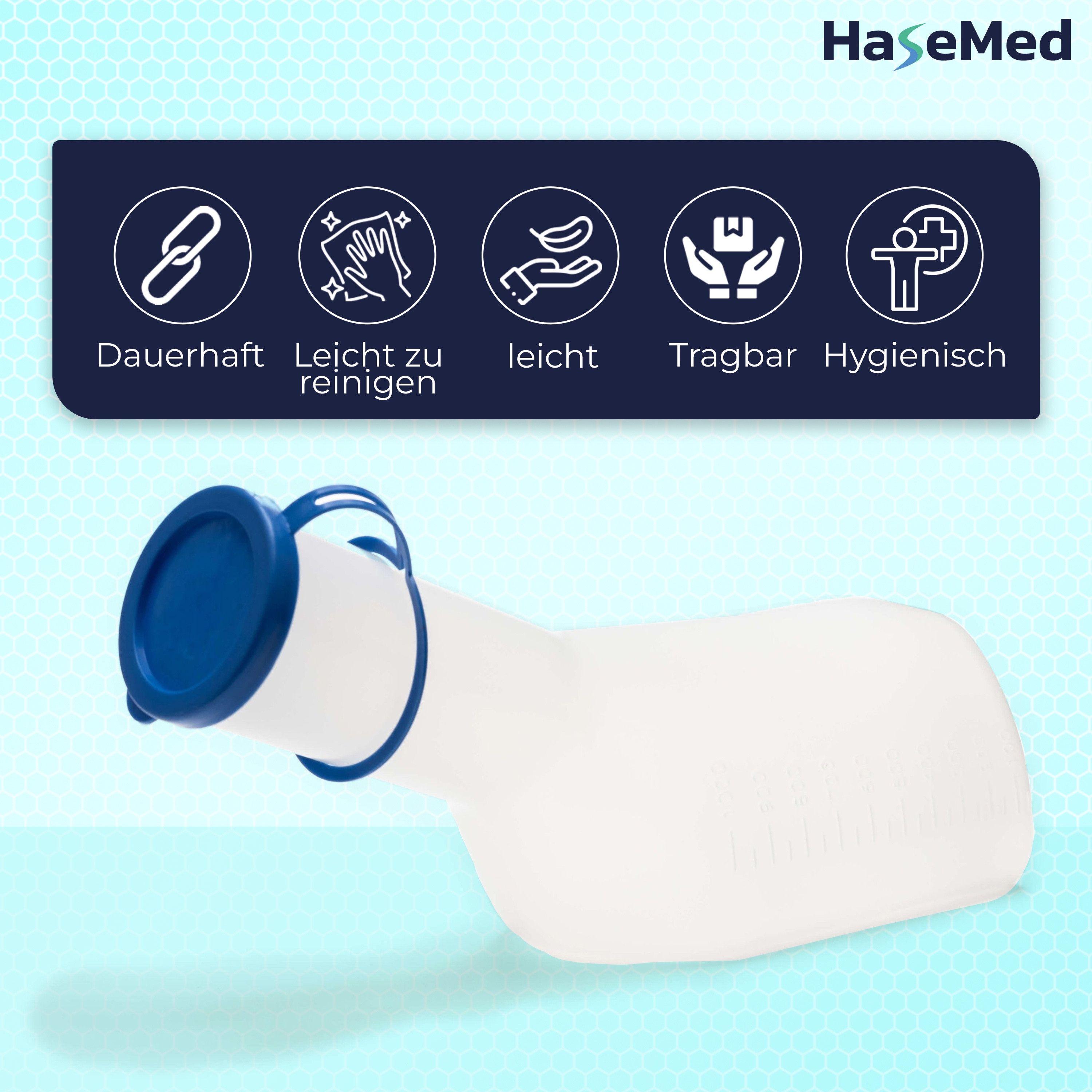 Urinflasche mit blauem Deckel. Symbole für: langlebig, leicht zu reinigen, leicht, tragbar, hygienisch. Marke: HaseMed.